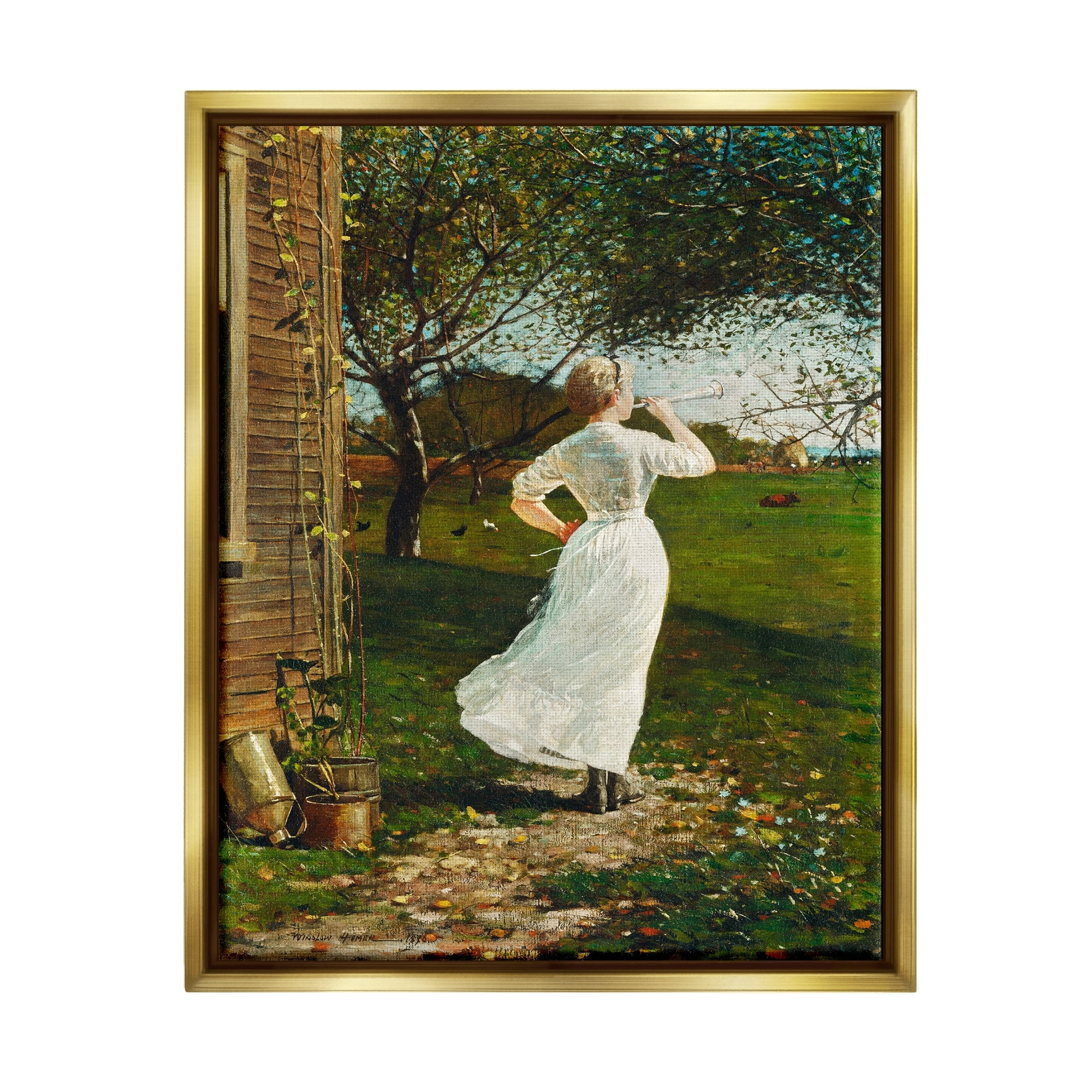 Stupell Industries Classic Woman Instrument Rural Vintage House Painting Painting Metallic Gold Floating Framed Canvas Print Wall Art, Design by Lettered and Lined