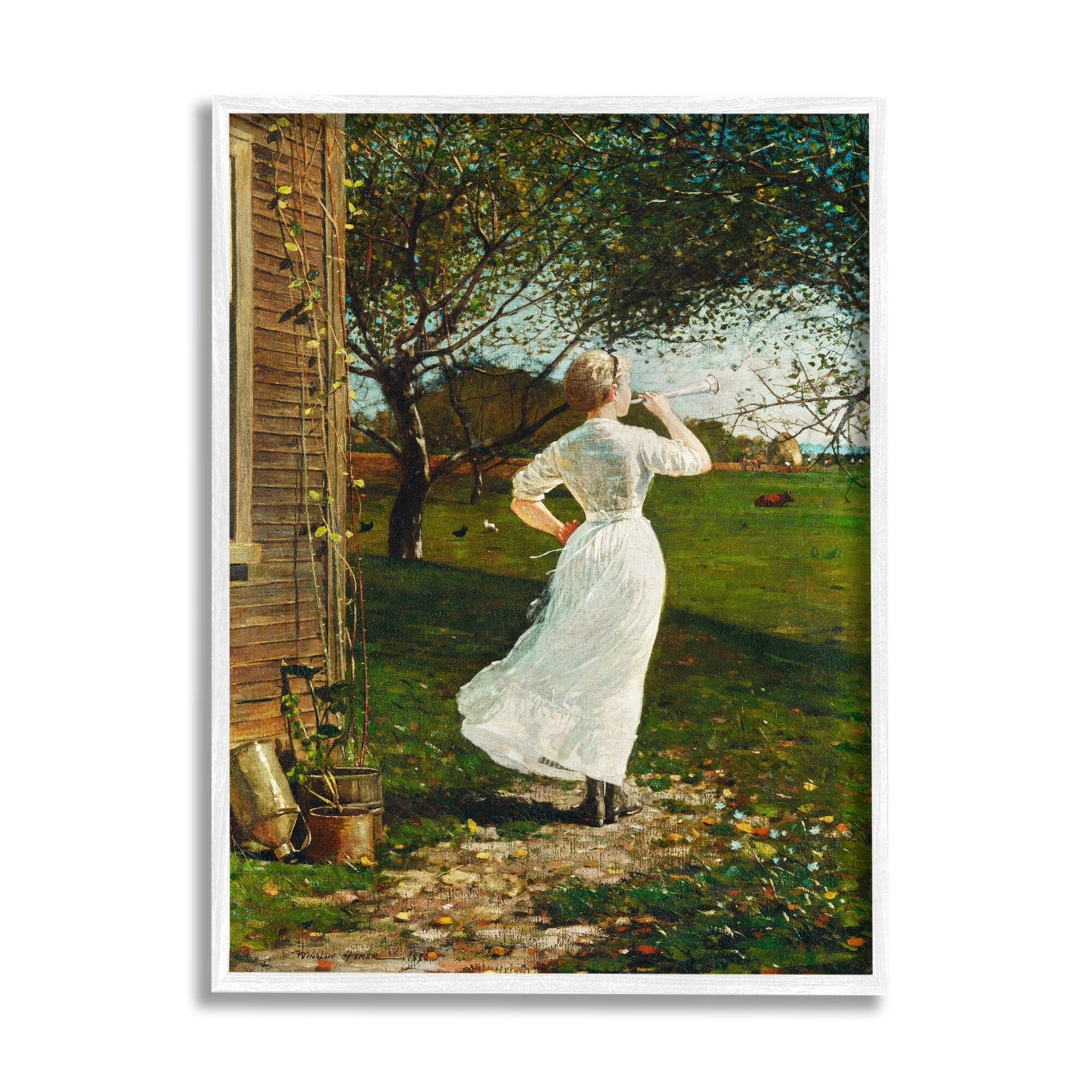 Stupell Industries Classic Woman Instrument Rural Vintage House Painting Painting White Framed Art Print Wall Art, Design by Lettered and Lined