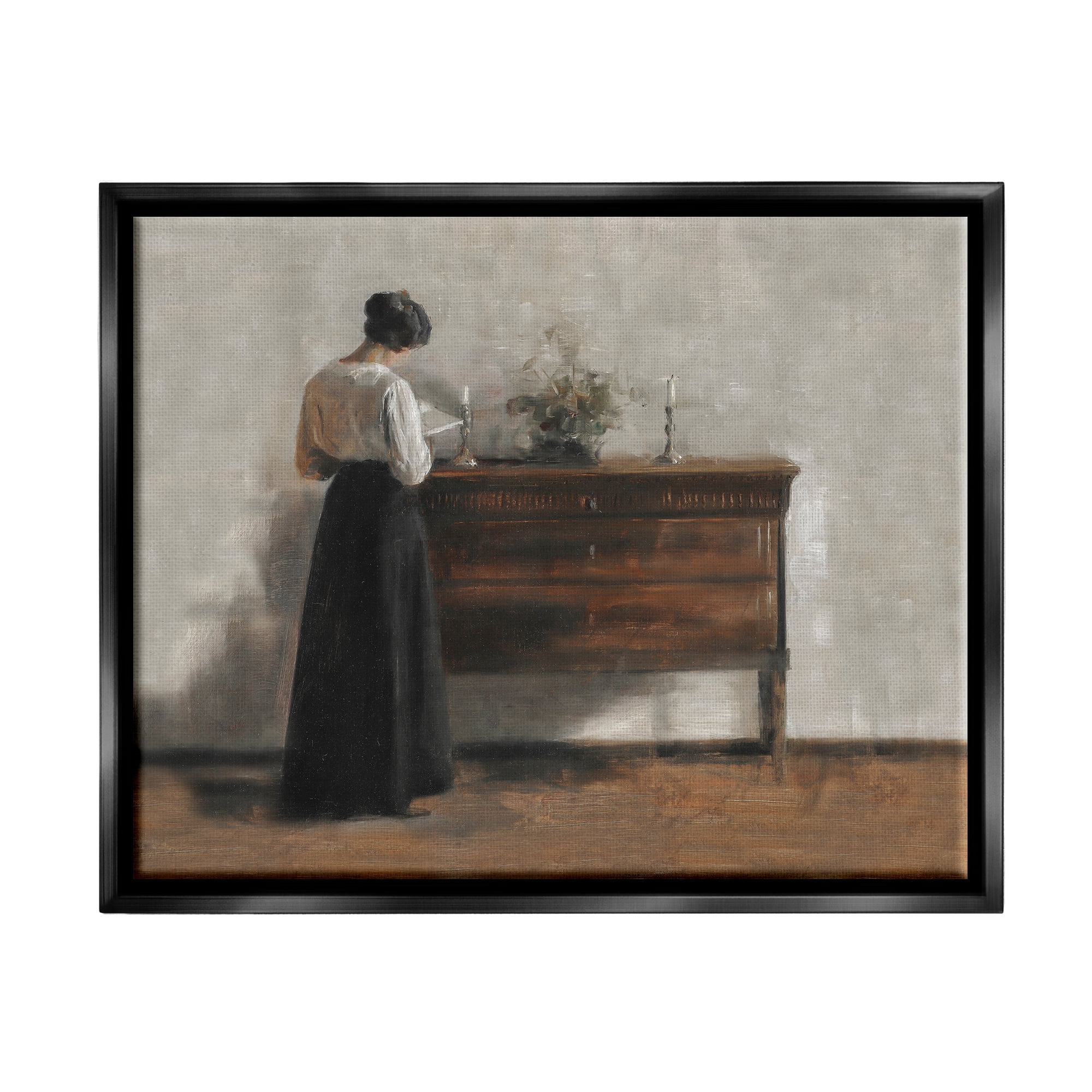 Stupell Industries Classic Woman Reading Literature & Film Painting Black Floater Framed Art Print Wall Art, 21 x 17