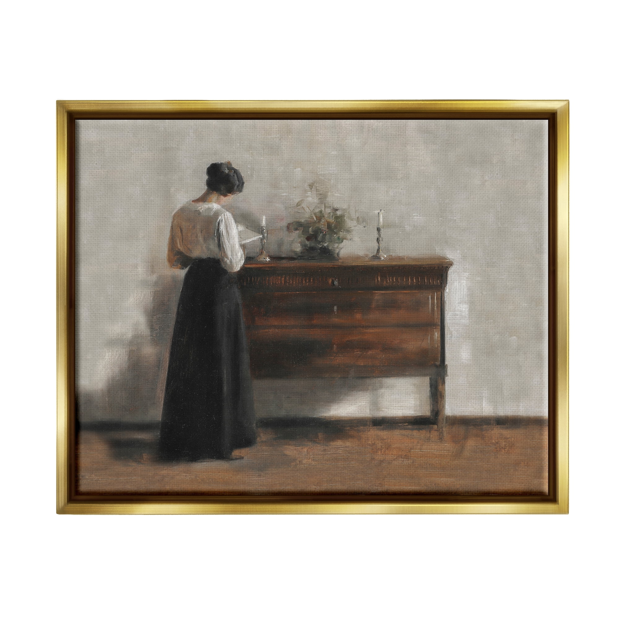 Stupell Industries Classic Woman Reading Literature & Film Painting Gold Floater Framed Art Print Wall Art, 31 x 25