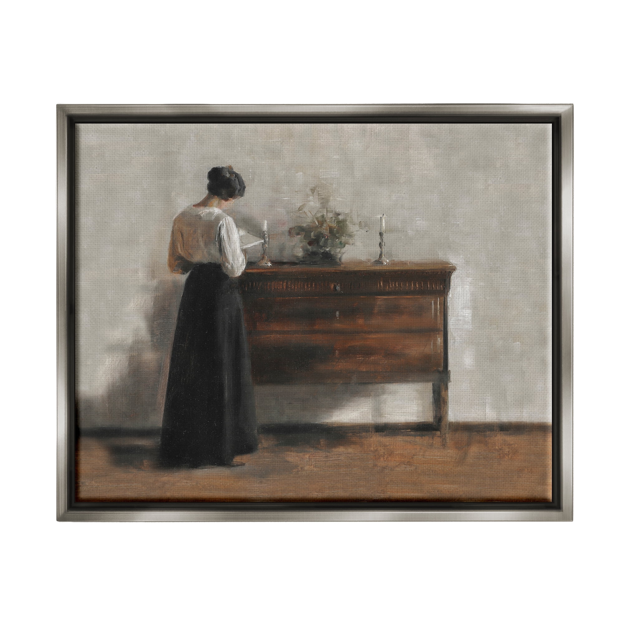 Stupell Industries Classic Woman Reading Literature & Film Painting Gray Floater Framed Art Print Wall Art, 31 x 25
