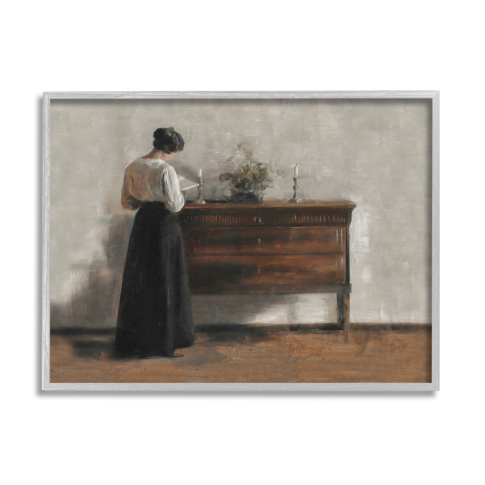 Stupell Industries Classic Woman Reading Literature & Film Painting Gray Framed Art Print Wall Art, 14 x 11