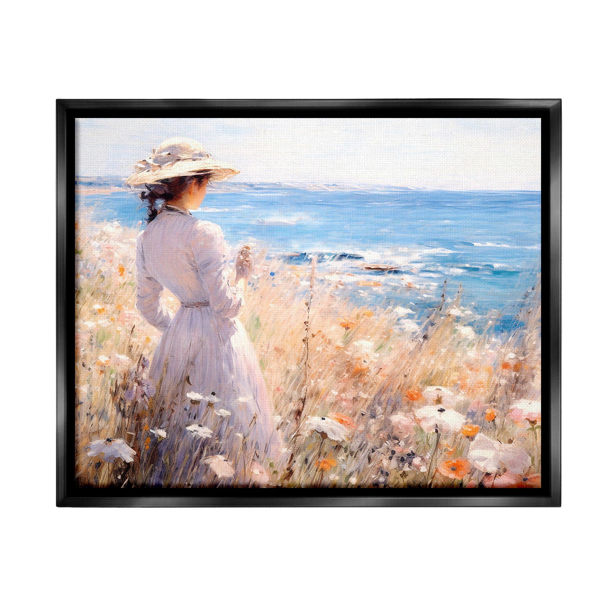 Stupell Industries Classic Woman by Shore Landscape Painting Black Floater Framed Canvas Art Print Wall Art, 31 x 25