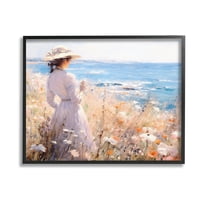 Stupell Industries Classic Woman by Shore Landscape Painting Black Framed Art Print Wall Art, 14 x 11