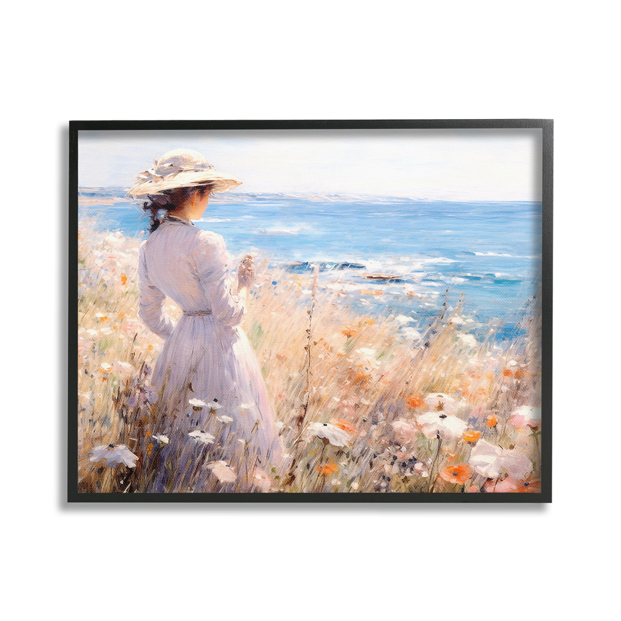 Stupell Industries Classic Woman by Shore Landscape Painting Black Framed Art Print Wall Art, 30 x 24