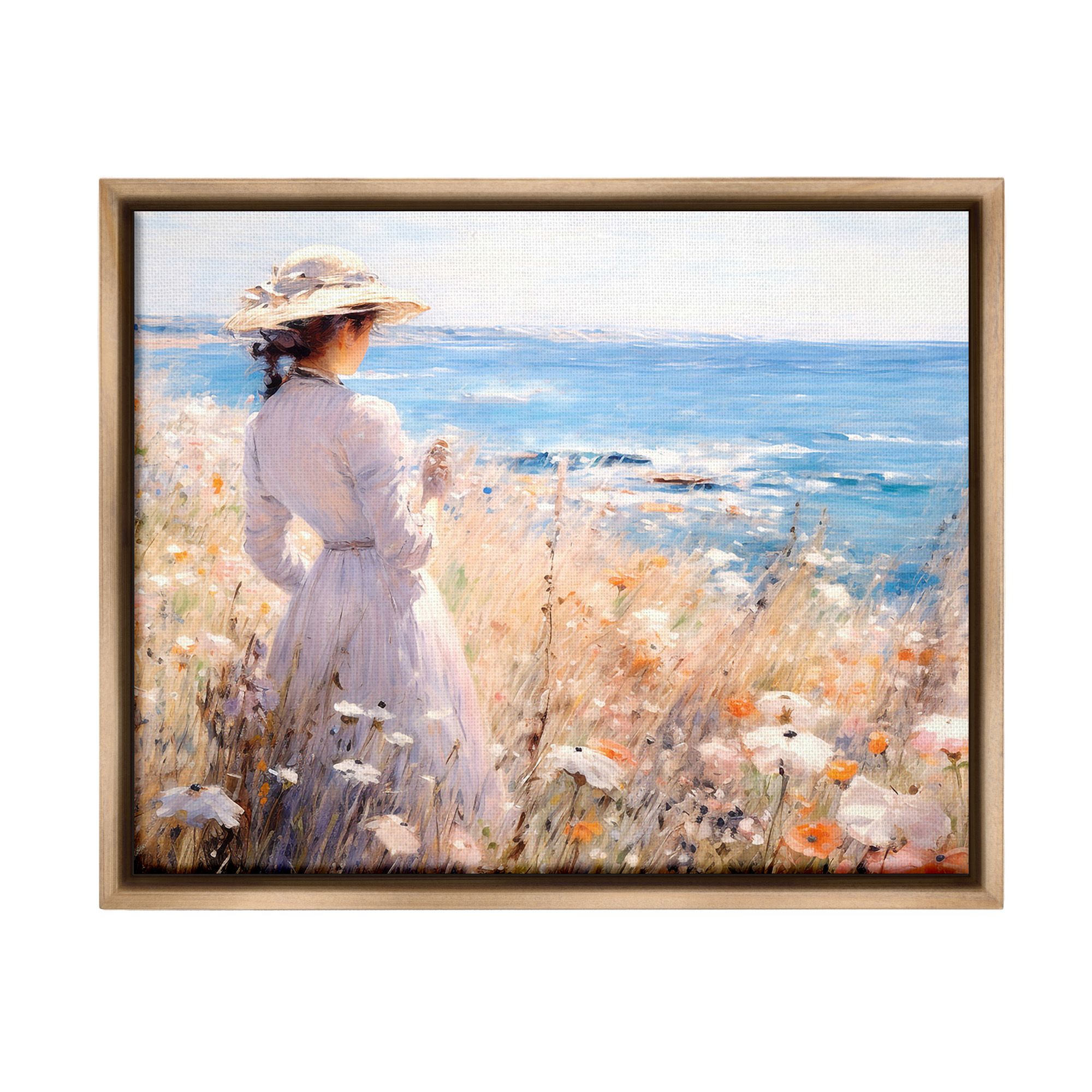 Stupell Industries Classic Woman by Shore Landscape Painting Brown Floater Framed Canvas Art Print Wall Art, 21 x 17
