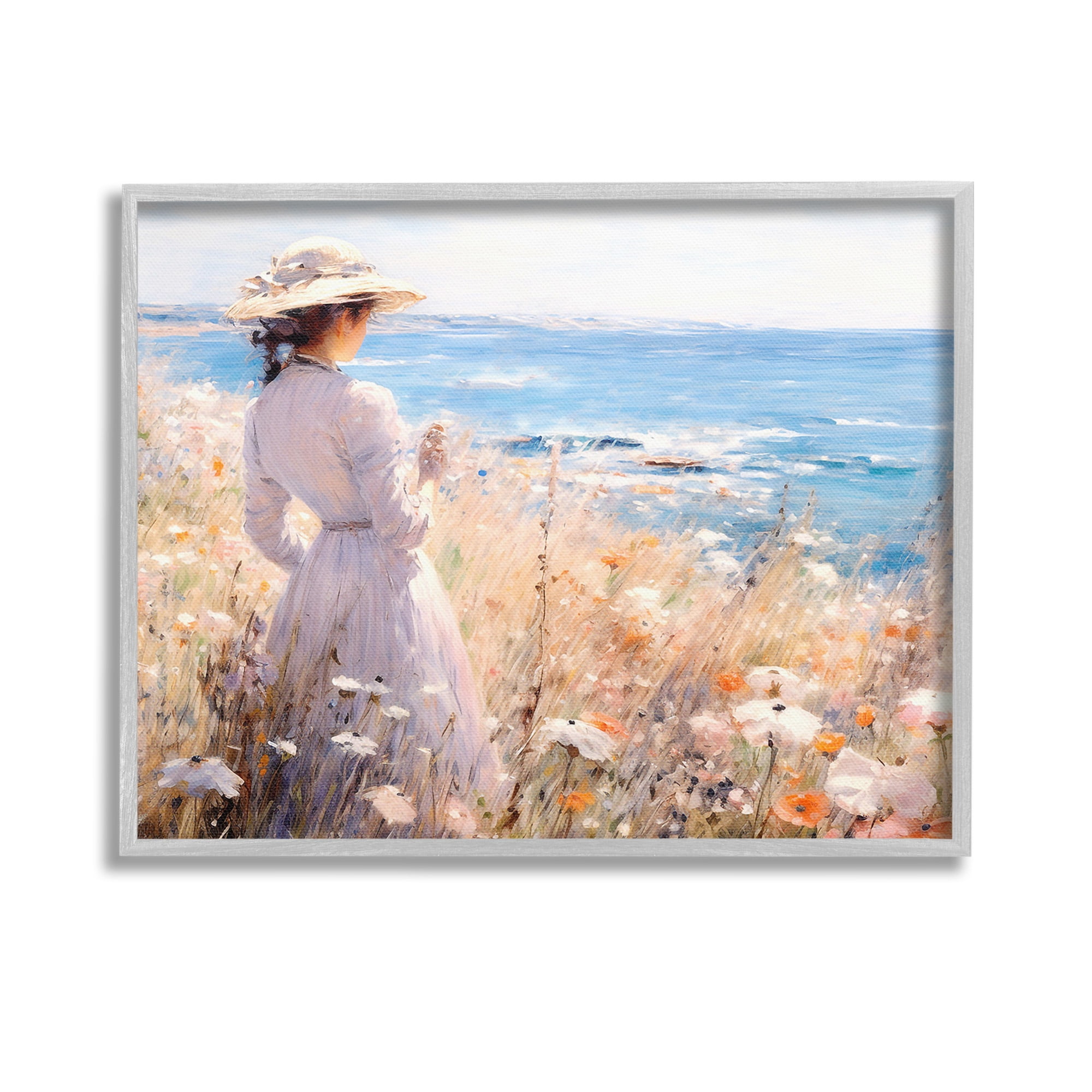 Stupell Industries Classic Woman by Shore Landscape Painting Gray Framed Art Print Wall Art, 14 x 11