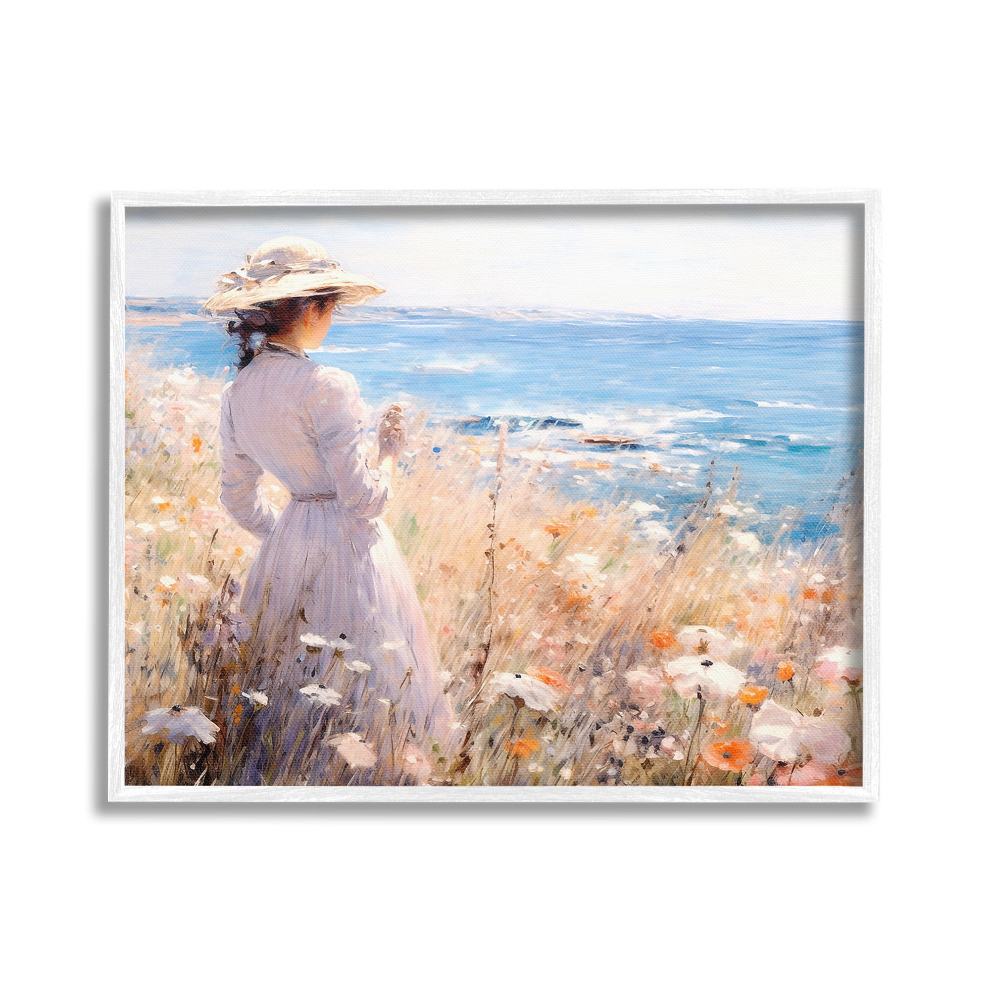 Stupell Industries Classic Woman by Shore Landscape Painting White Framed Art Print Wall Art, 30 x 24