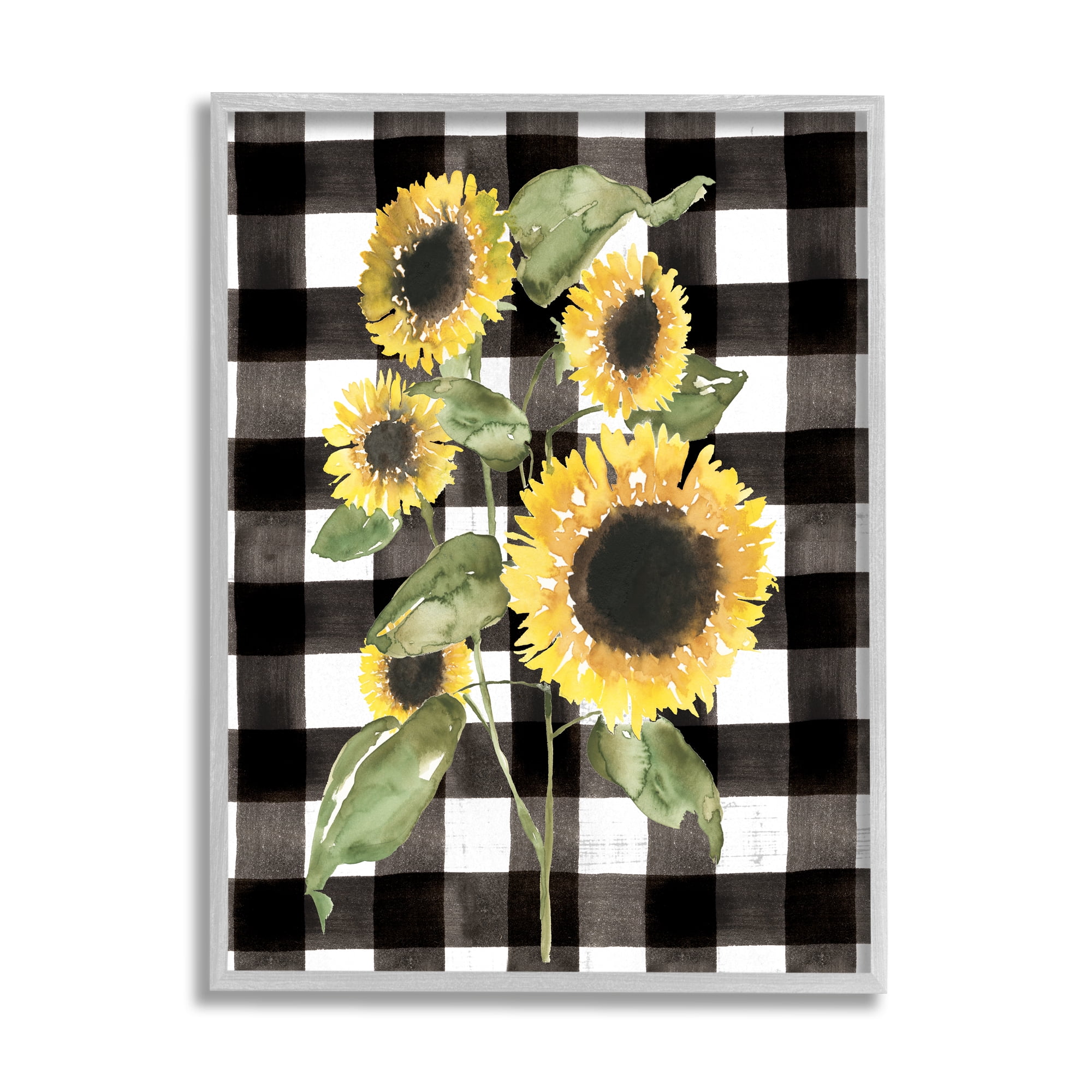 Stupell Industries Classic Yellow Sunflower Floral Bunch Buffalo Check Plaid Botanical & Floral Painting Gray Framed Art Print Wall Art, 11 x 14