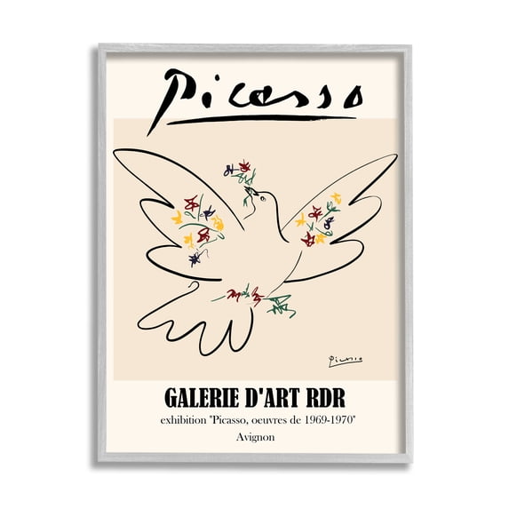 Stupell Industries Classical Abstract Picasso Peace Dove Bird Linework Modern Painting Gray Framed Art Print Wall Art, 16 x 20, Design by Ros Ruseva