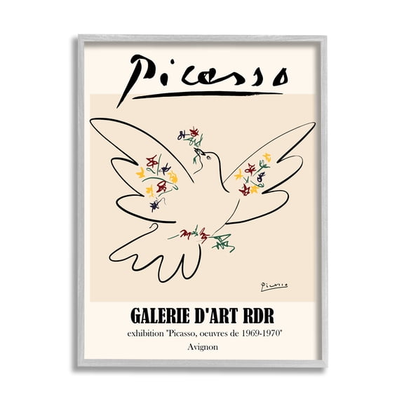 Stupell Industries Classical Abstract Picasso Peace Dove Bird Linework Modern Painting Gray Framed Art Print Wall Art, 16 x 20, Design by Ros Ruseva
