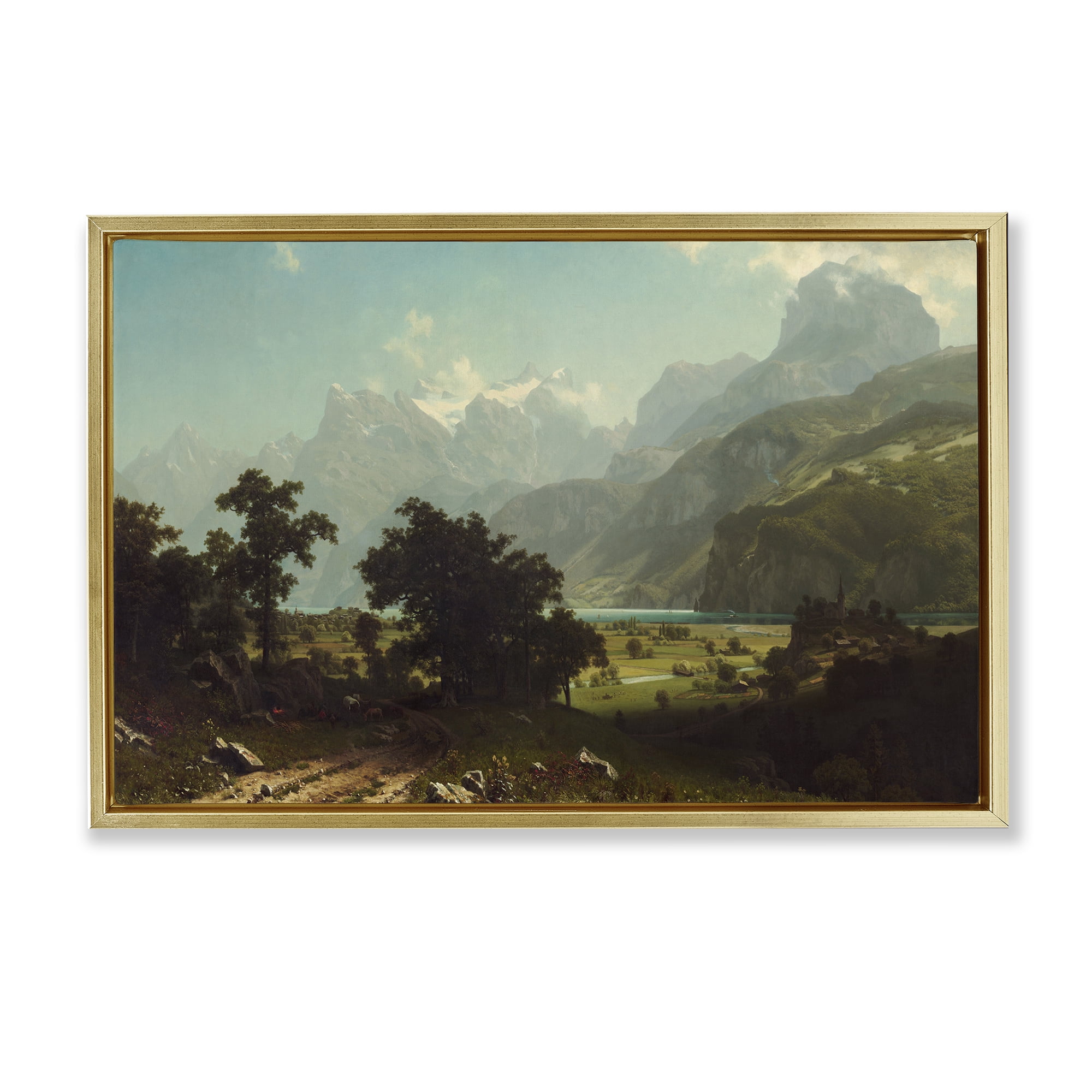 Stupell Industries Classical Bierstadt Lake Lucerne Landscape & Nature Painting Gold Floater Framed Canvas Art Print Wall Art, 31 x 21