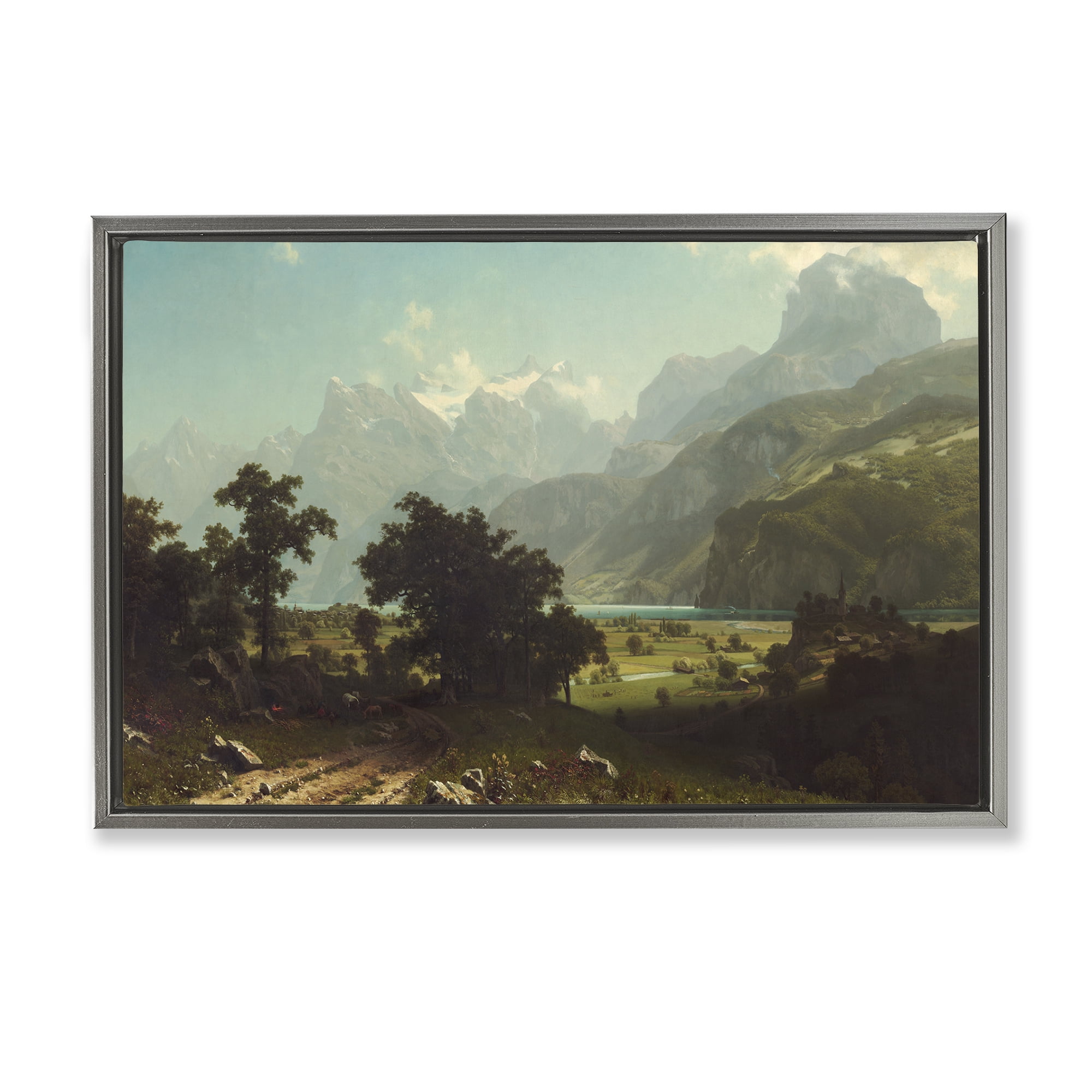 Stupell Industries Classical Bierstadt Lake Lucerne Landscape & Nature Painting Gray Floater Framed Canvas Art Print Wall Art, 25 x 17