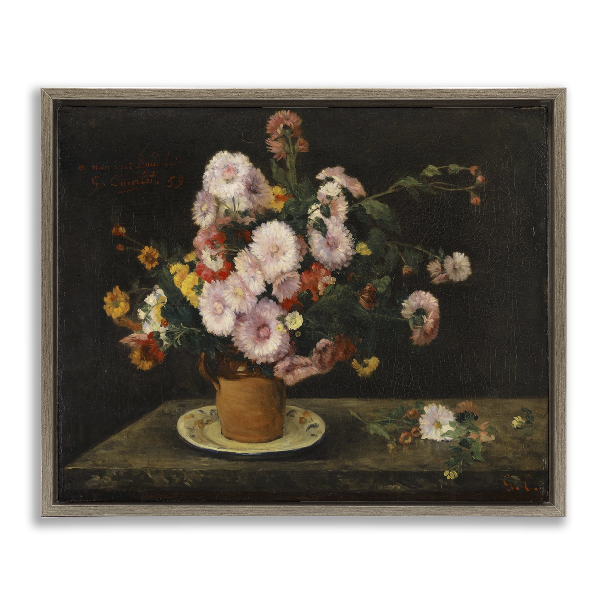 Stupell Industries Classical Bouquet of Asters Plants & Flowers Painting Brown Floater Framed Canvas Art Print Wall Art, 21 x 17