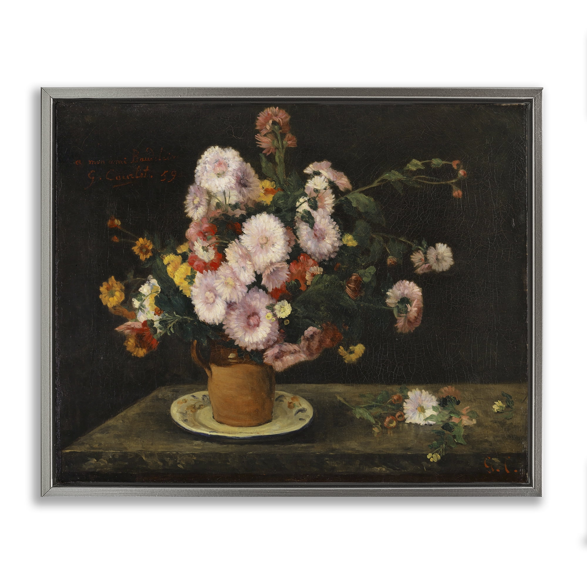 Stupell Industries Classical Bouquet of Asters Plants & Flowers Painting Gray Floater Framed Canvas Art Print Wall Art, 31 x 25