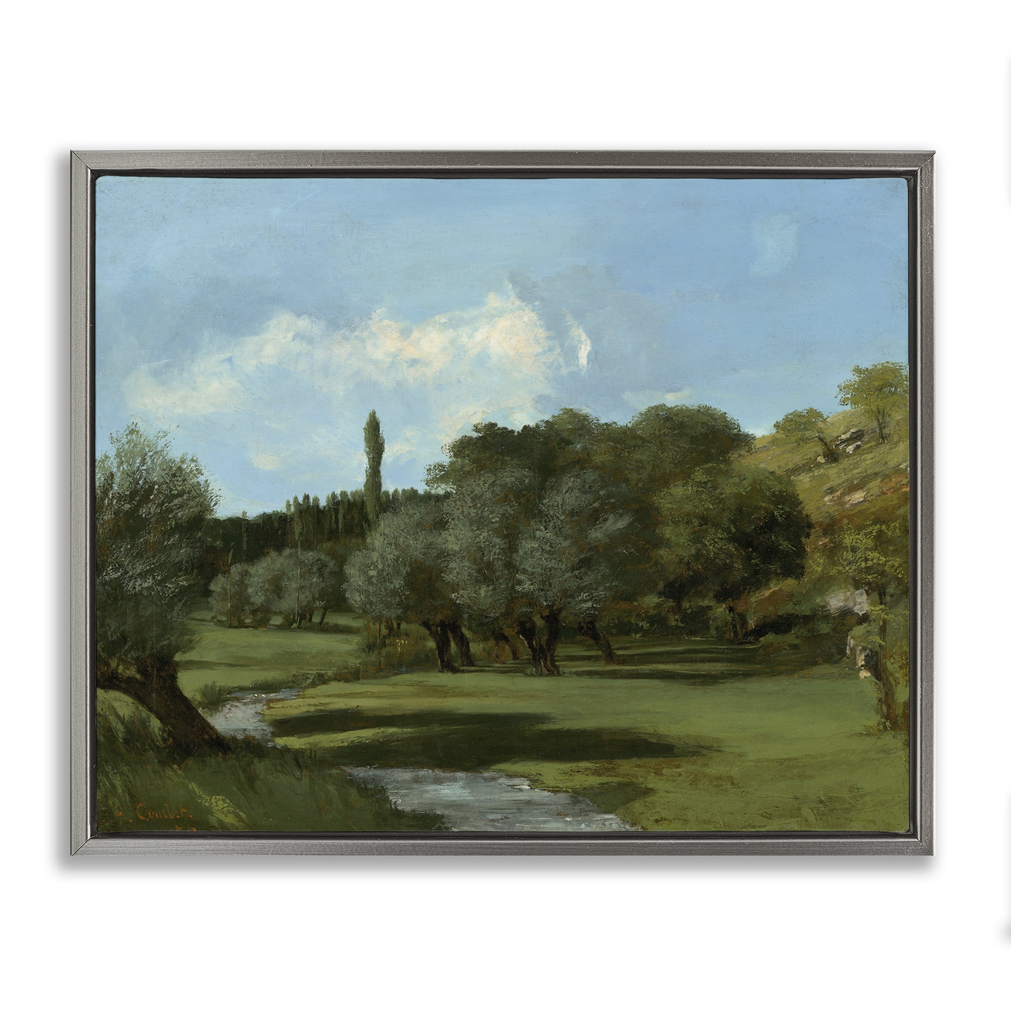 Stupell Industries Classical Green Field Landscape Landscape & Nature Painting Gray Floater Framed Canvas Art Print Wall Art, 31 x 25