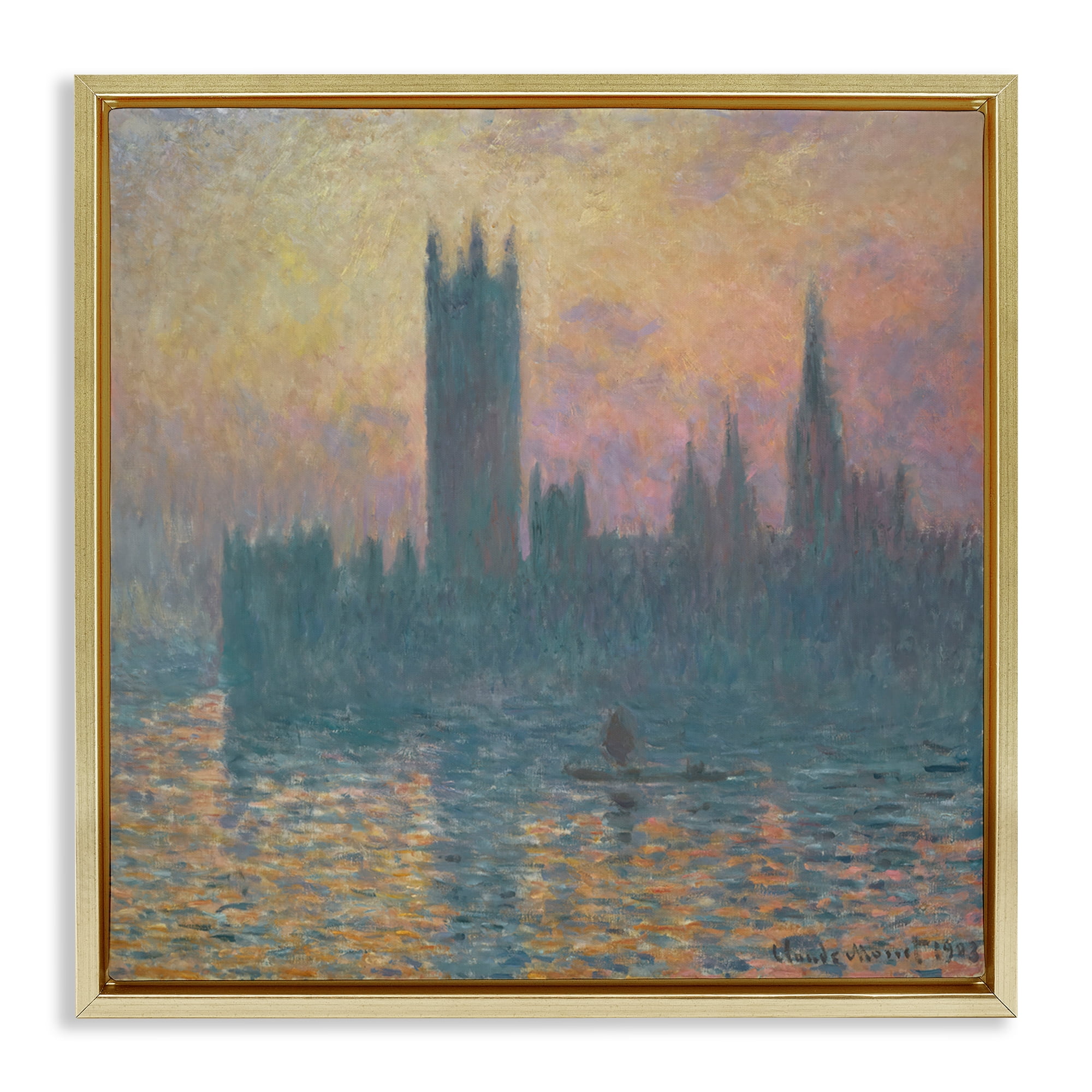Stupell Industries Classical Monet London View Scenic & Cityscapes Painting Gold Floater Framed Canvas Art Print Wall Art, 25 x 25
