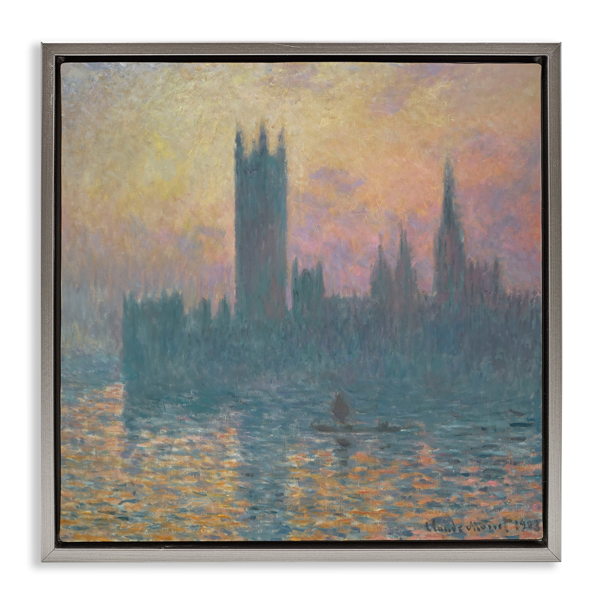 Stupell Industries Classical Monet London View Scenic & Cityscapes Painting Gray Floater Framed Canvas Art Print Wall Art, 18 x 18