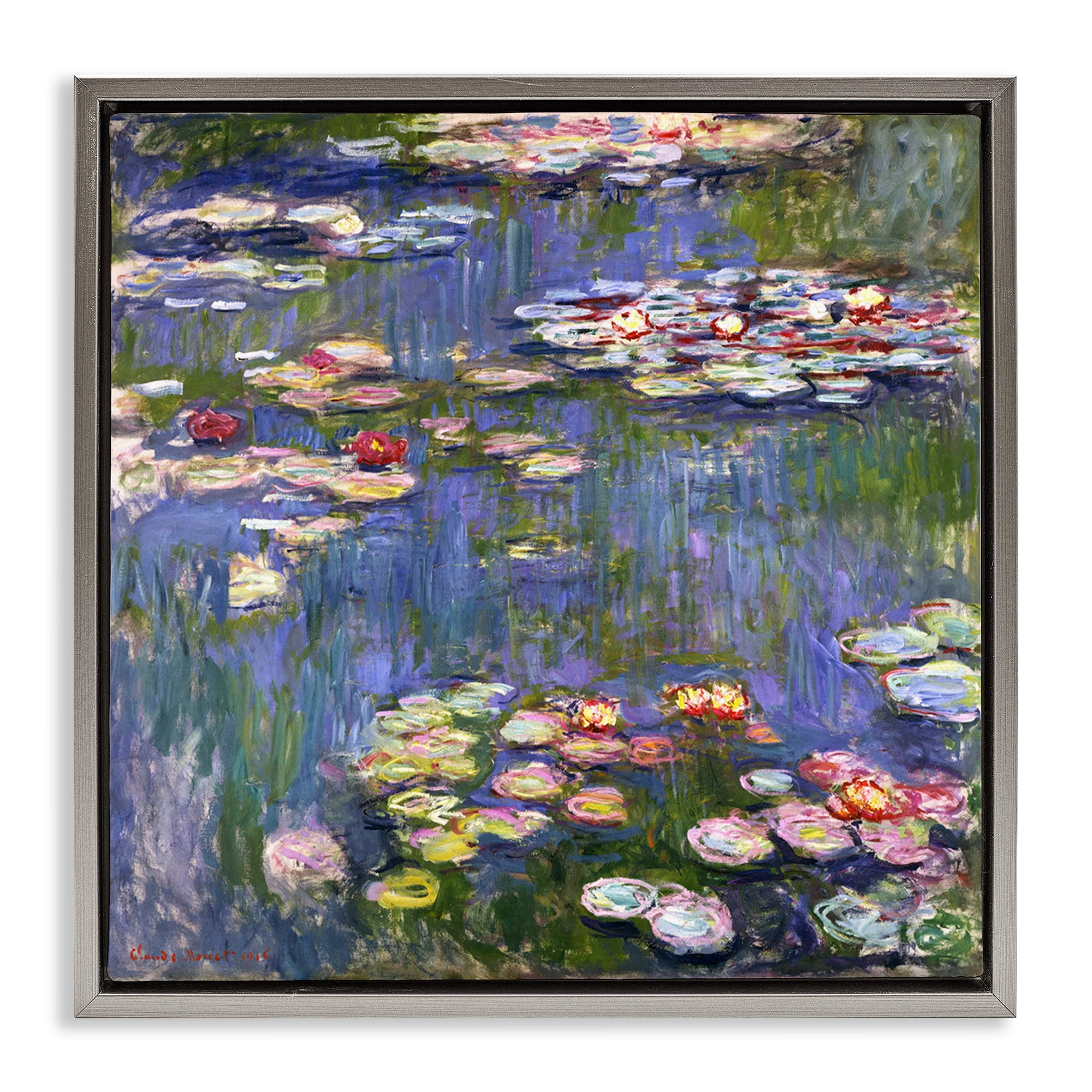 Stupell Industries Classical Monet Water Lilies Landscape & Nature Painting Gray Floater Framed Canvas Art Print Wall Art, 18 x 18
