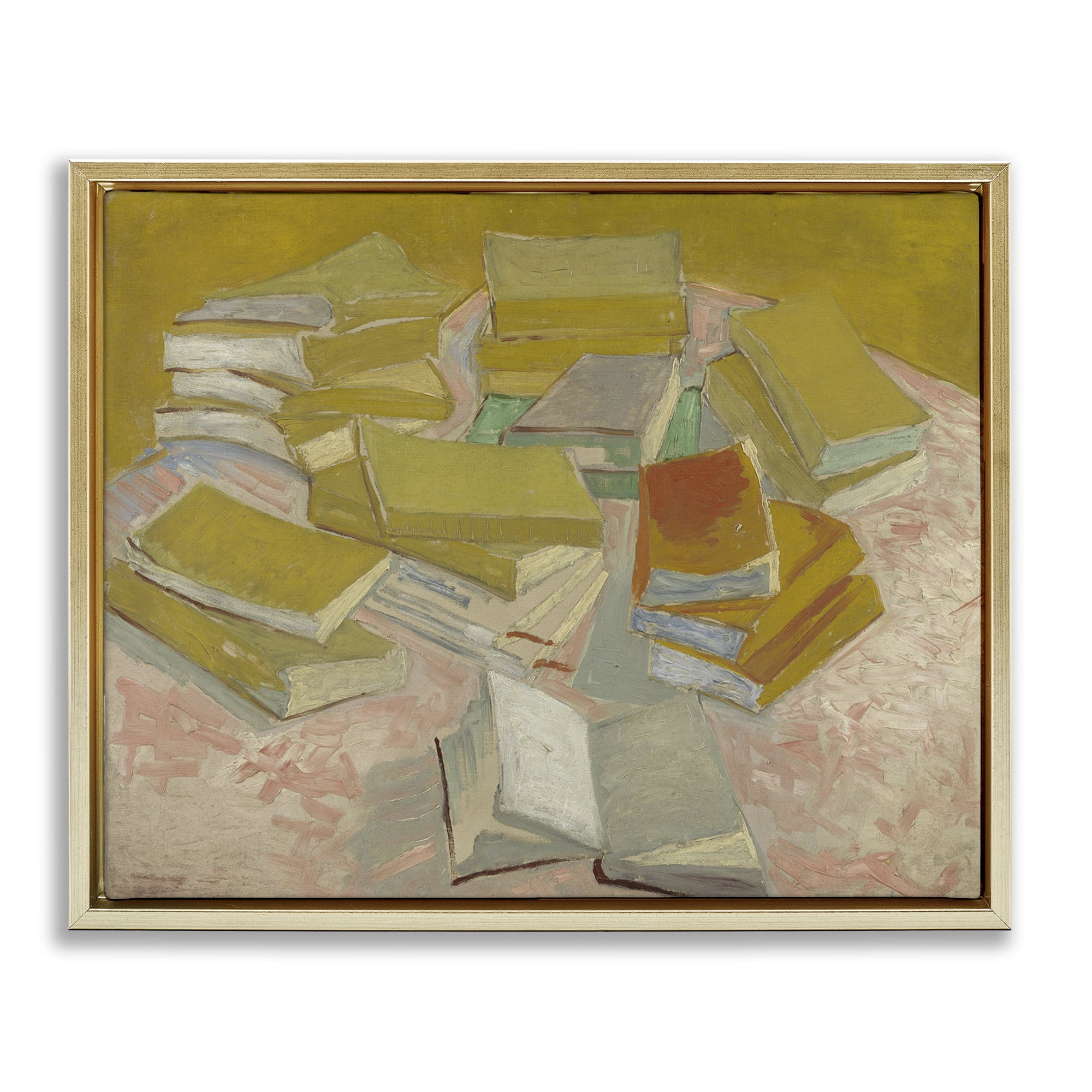 Stupell Industries Classical Piles of French Novels Education Painting Gold Floater Framed Canvas Art Print Wall Art, 31 x 25