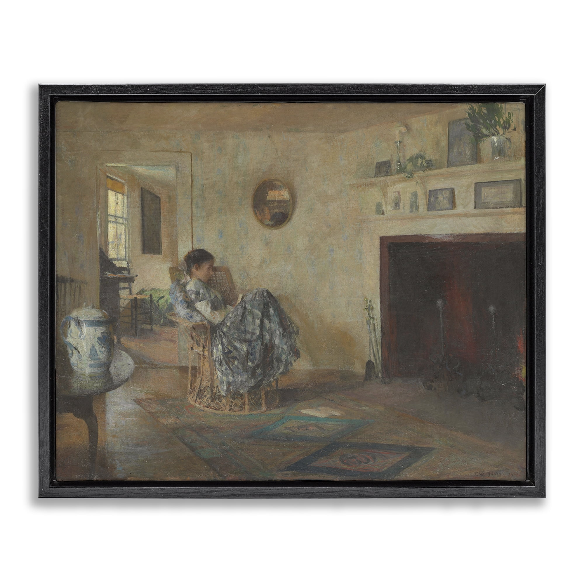 Stupell Industries Classical Rainy Day Girl People Painting Black Floater Framed Canvas Art Print Wall Art, 31 x 25