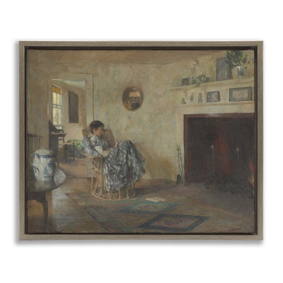 Stupell Industries Classical Rainy Day Girl People Painting Brown Floater Framed Canvas Art Print Wall Art, 31 x 25