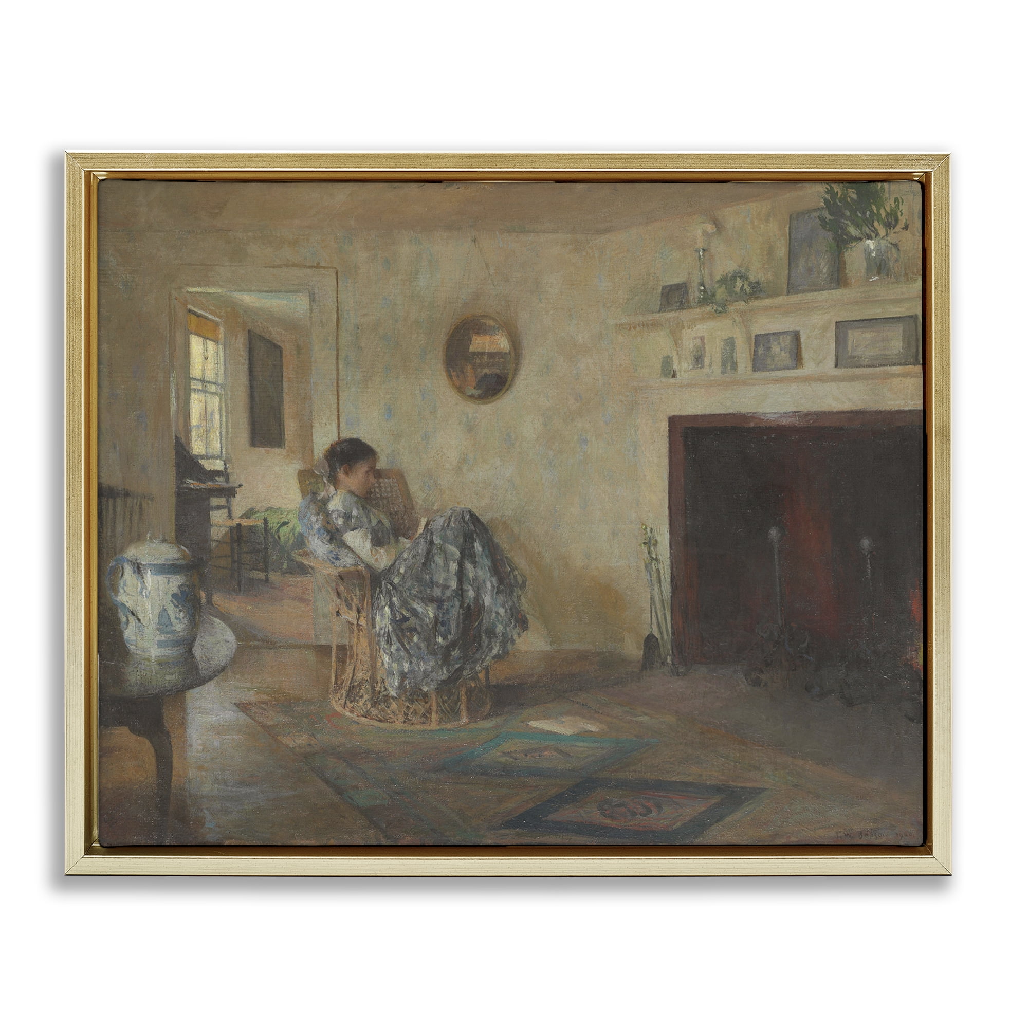 Stupell Industries Classical Rainy Day Girl People Painting Gold Floater Framed Canvas Art Print Wall Art, 31 x 25