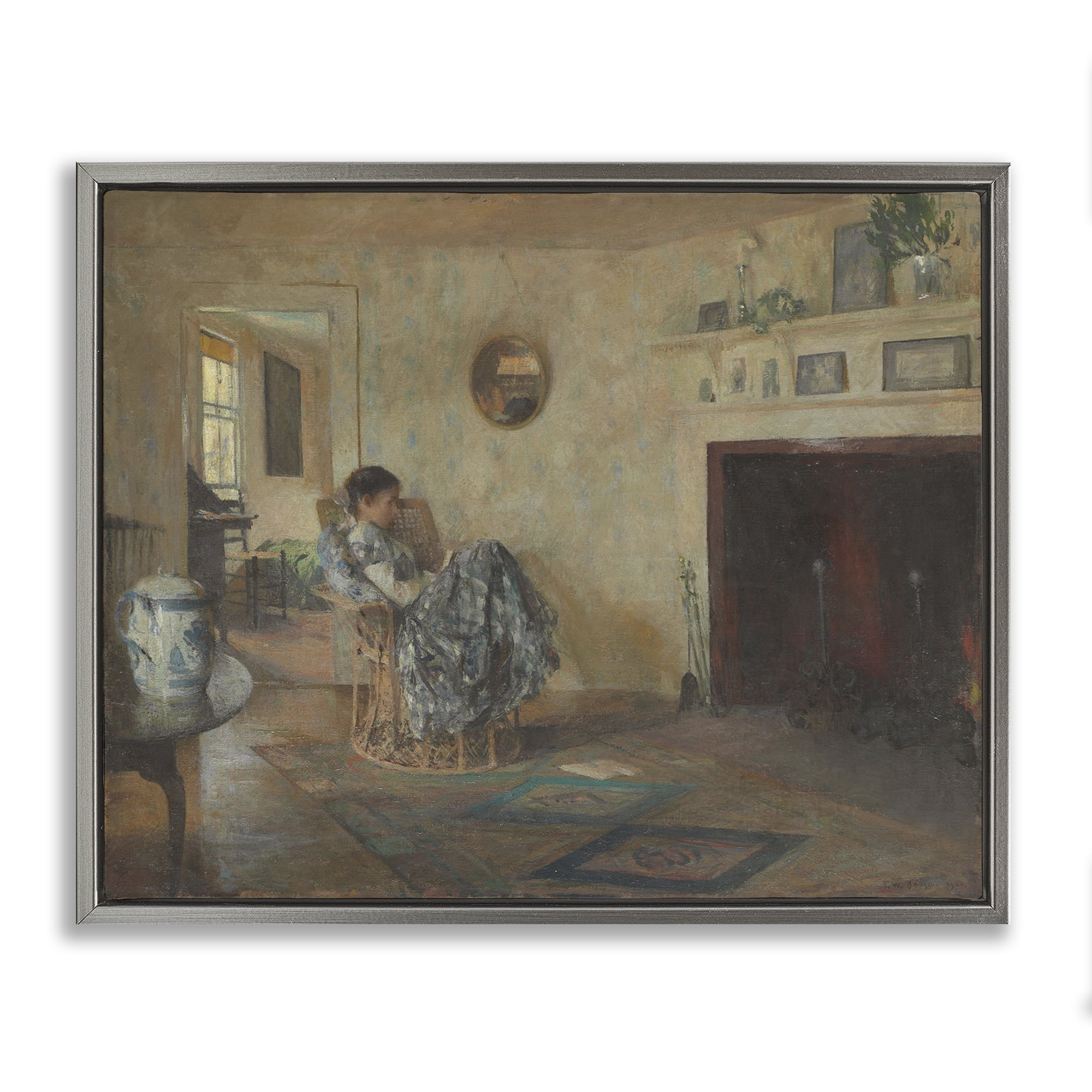 Stupell Industries Classical Rainy Day Girl People Painting Gray Floater Framed Canvas Art Print Wall Art, 21 x 17