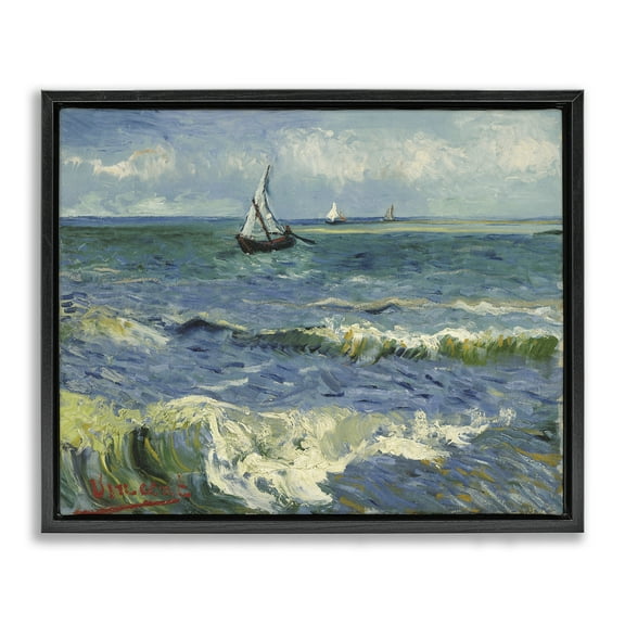 Stupell Industries Classical Seascape with Boat Nautical & Beach Painting Black Floater Framed Canvas Art Print Wall Art, 21 x 17