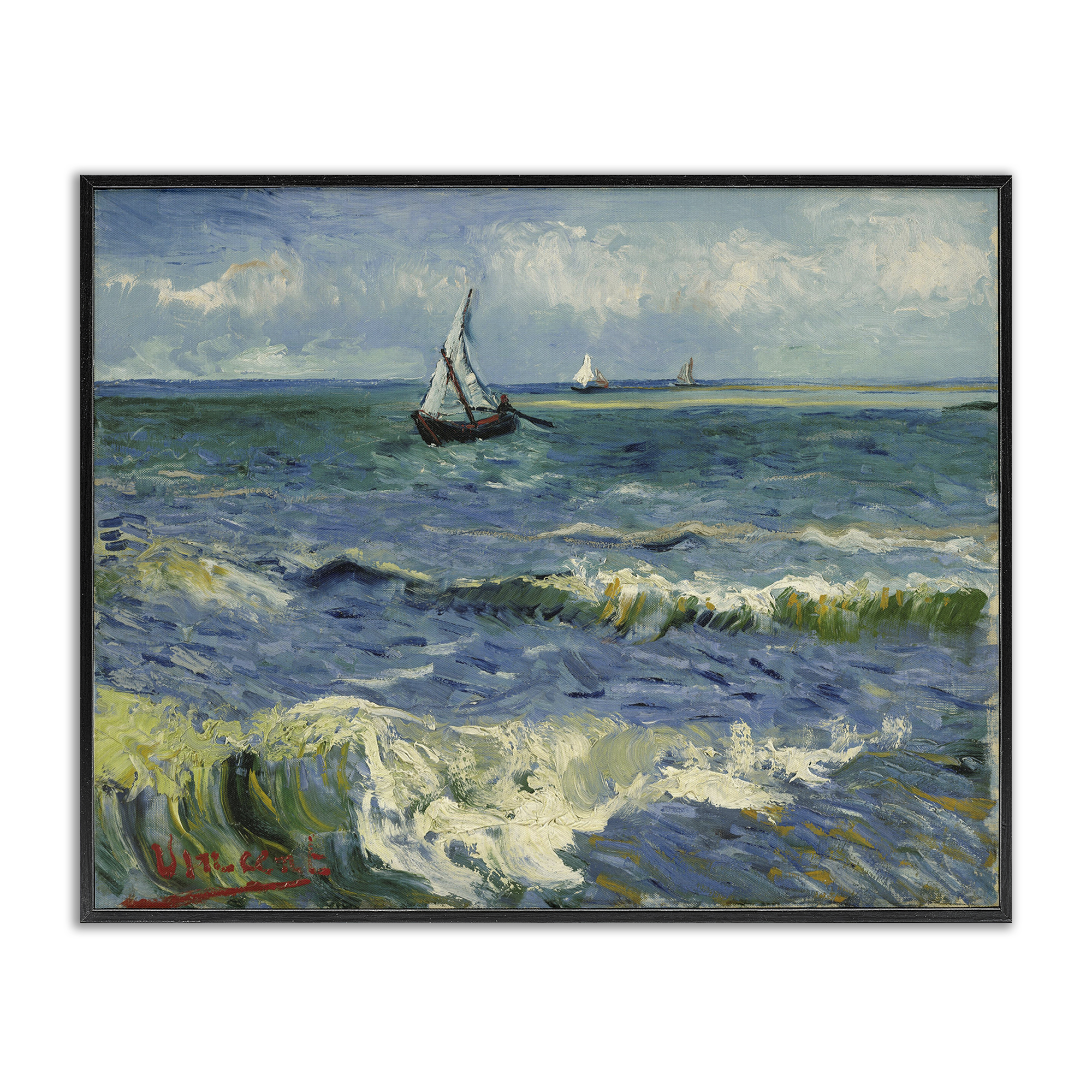 Stupell Industries Classical Seascape with Boat Nautical & Beach Painting Black Framed Art Print Wall Art, 14 x 11
