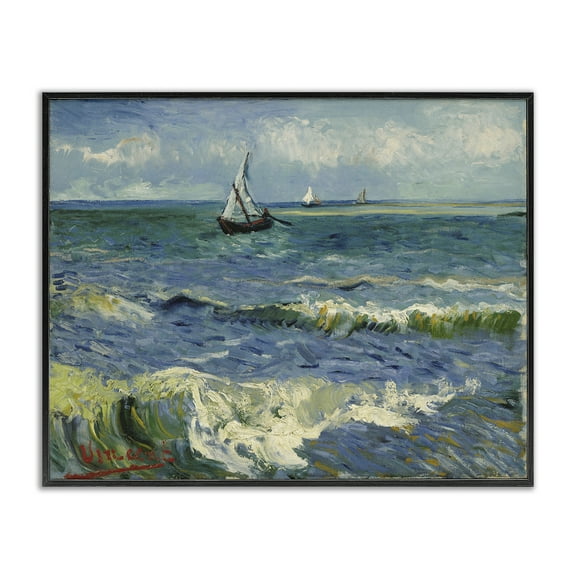 Stupell Industries Classical Seascape with Boat Nautical & Beach Painting Black Framed Art Print Wall Art, 14 x 11