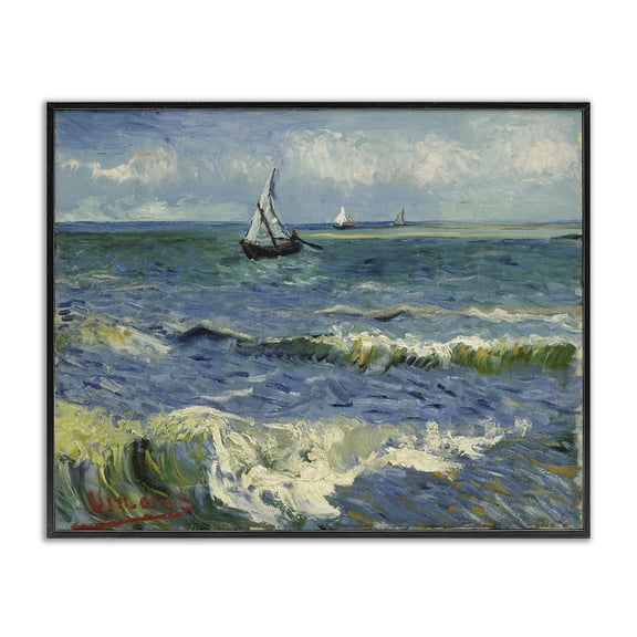 Stupell Industries Classical Seascape with Boat Nautical & Beach Painting Black Framed Art Print Wall Art, 20 x 16