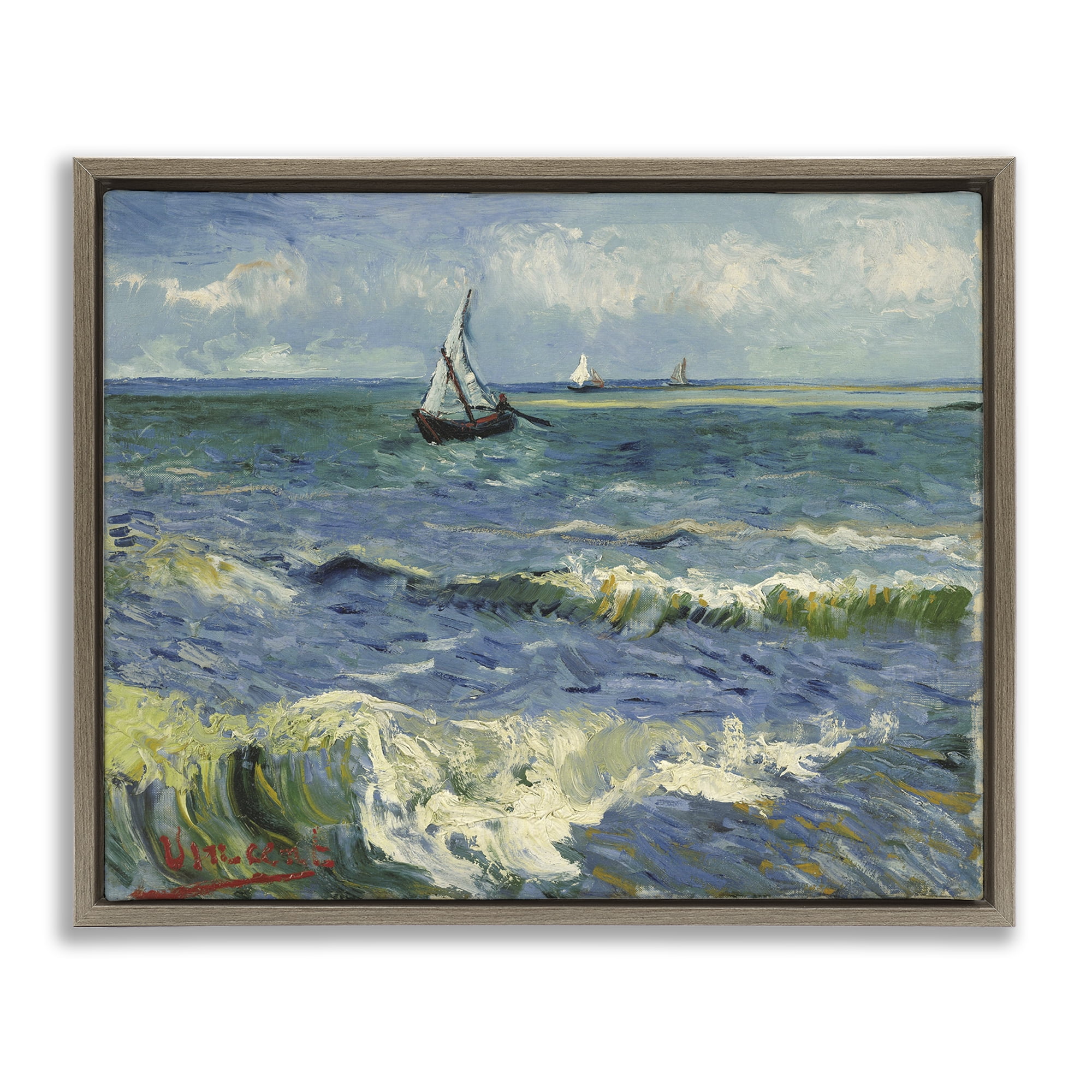 Stupell Industries Classical Seascape with Boat Nautical & Beach Painting Brown Floater Framed Canvas Art Print Wall Art, 31 x 25