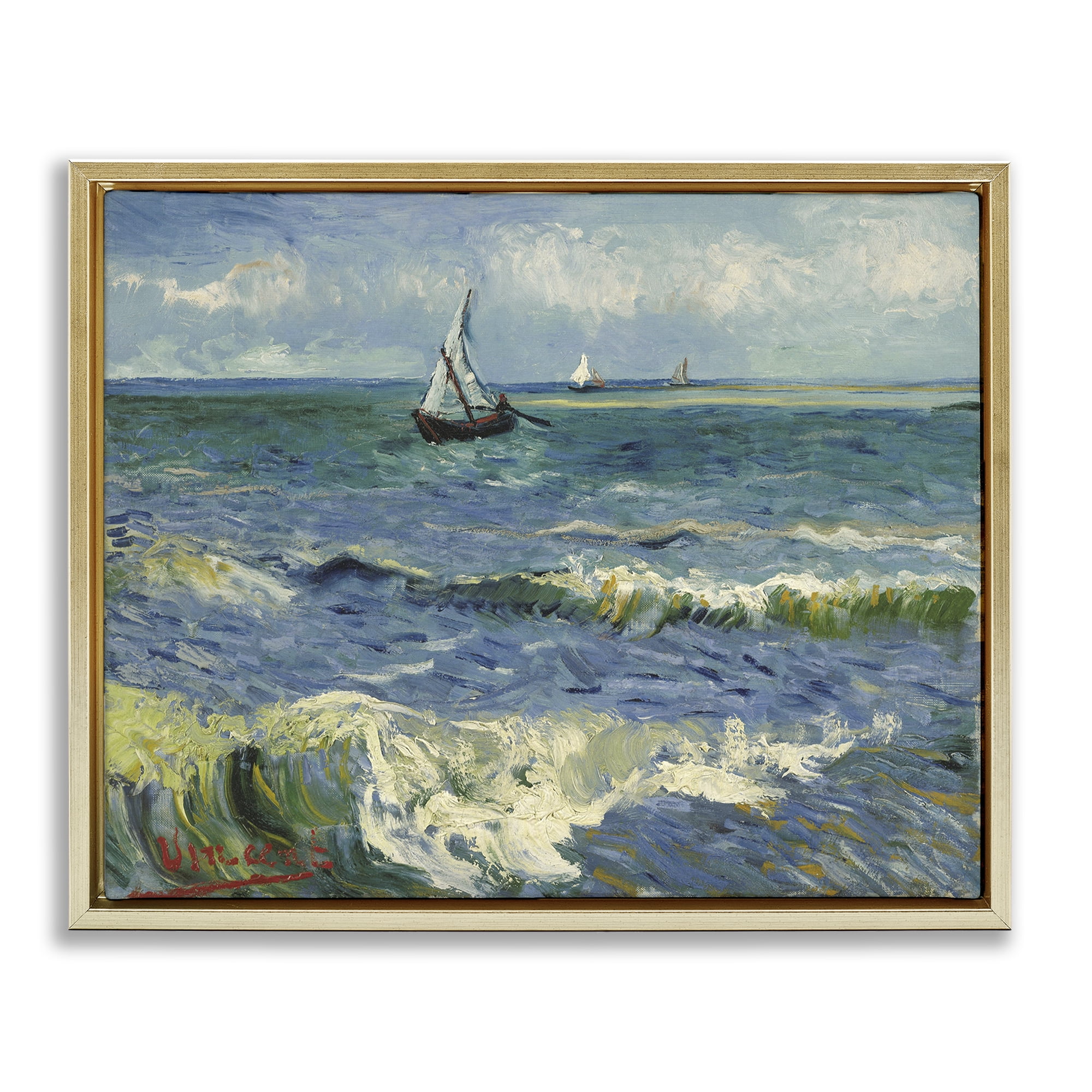 Stupell Industries Classical Seascape with Boat Nautical & Beach Painting Gold Floater Framed Canvas Art Print Wall Art, 31 x 25