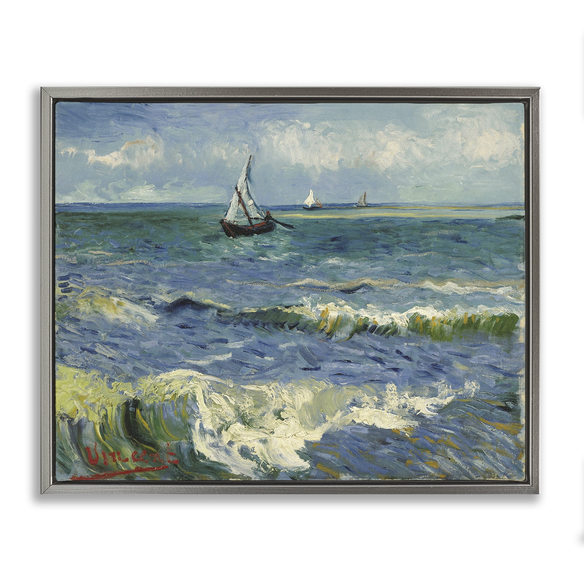 Stupell Industries Classical Seascape with Boat Nautical & Beach Painting Gray Floater Framed Canvas Art Print Wall Art, 21 x 17