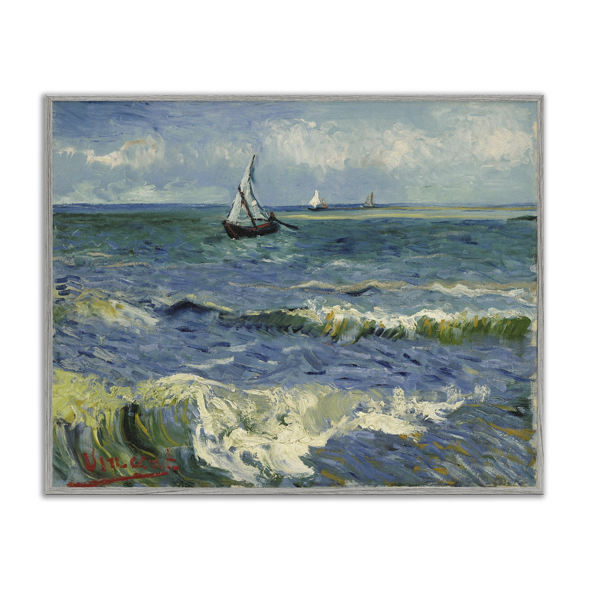 Stupell Industries Classical Seascape with Boat Nautical & Beach Painting Gray Framed Art Print Wall Art, 30 x 24