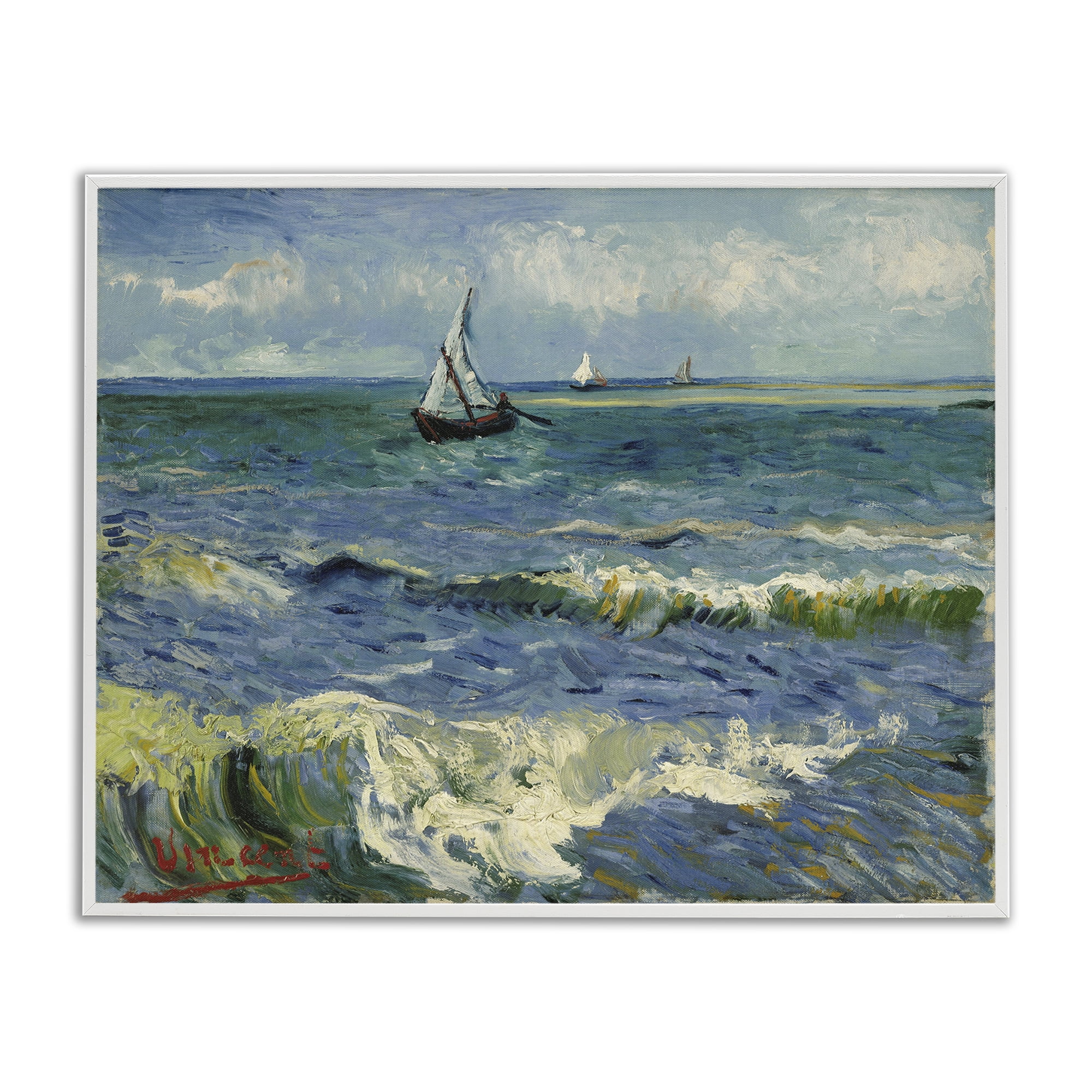Stupell Industries Classical Seascape with Boat Nautical & Beach Painting White Framed Art Print Wall Art, 14 x 11