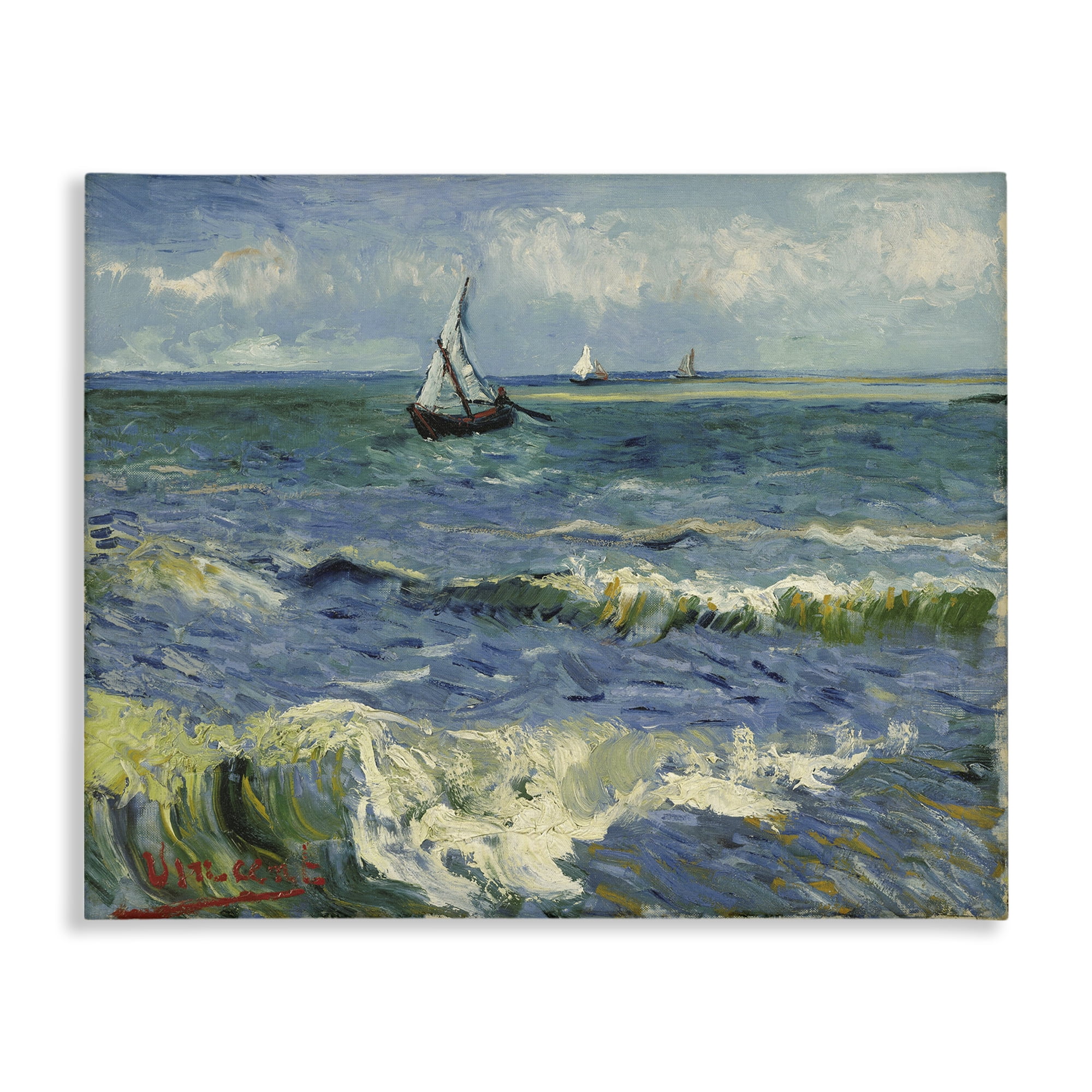 Stupell Industries Classical Seascape with Boat Nautical & Beach Painting Wrapped Canvas Art Print Wall Art, 20 x 16