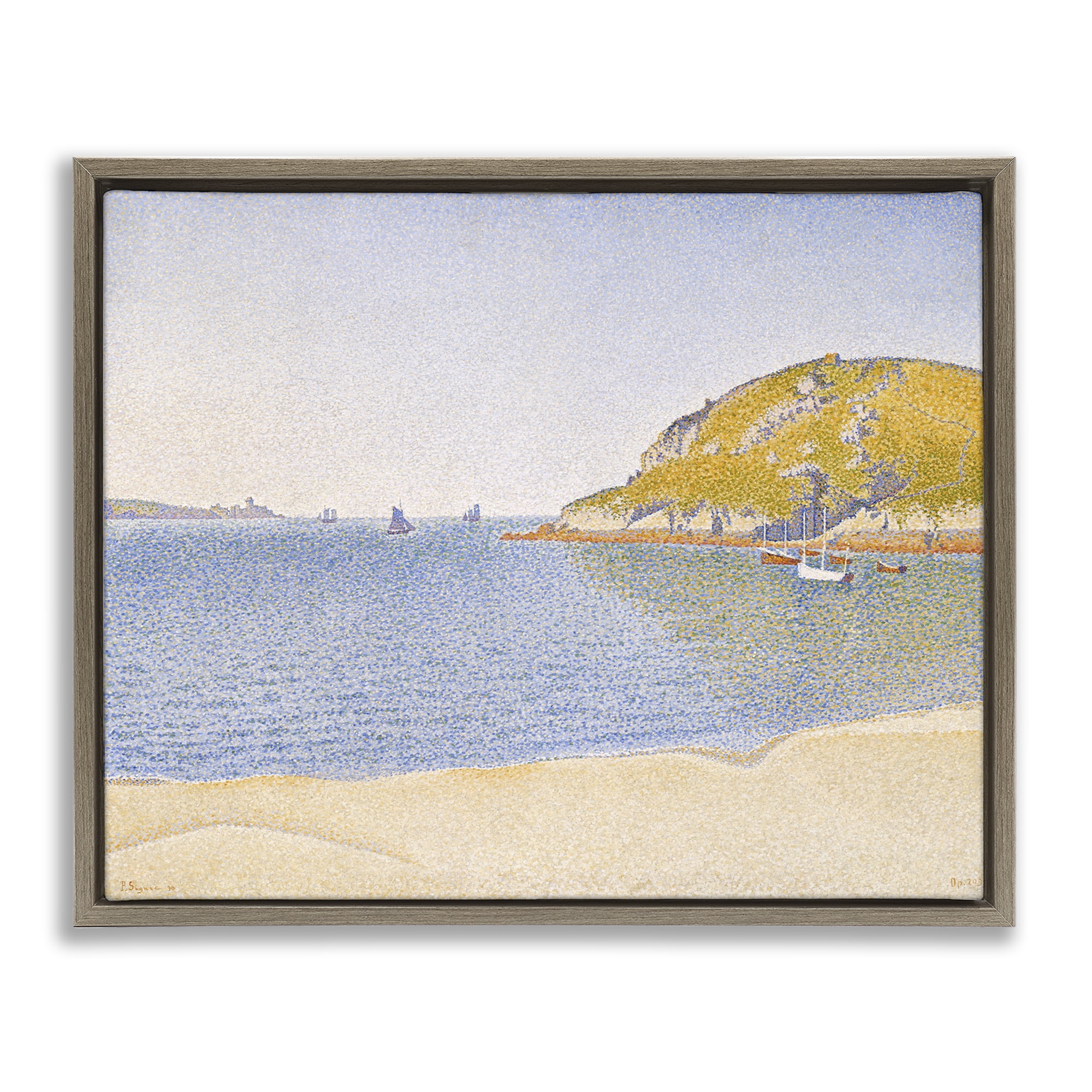 Stupell Industries Classical Signac Port Painting Landscape & Nature Painting Brown Floater Framed Canvas Art Print Wall Art, 21 x 17