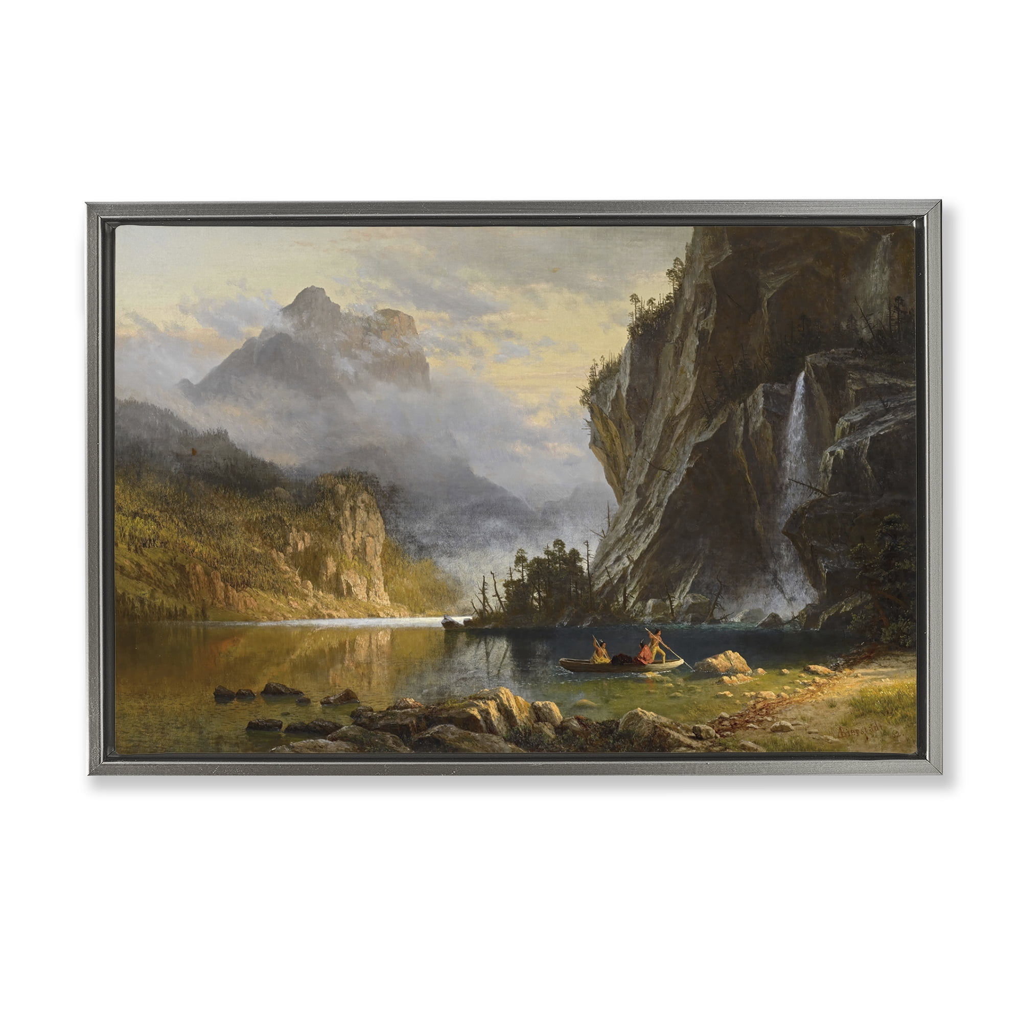 Stupell Industries Classical Spear Fishing Landscape & Nature Painting Gray Floater Framed Canvas Art Print Wall Art, 31 x 21