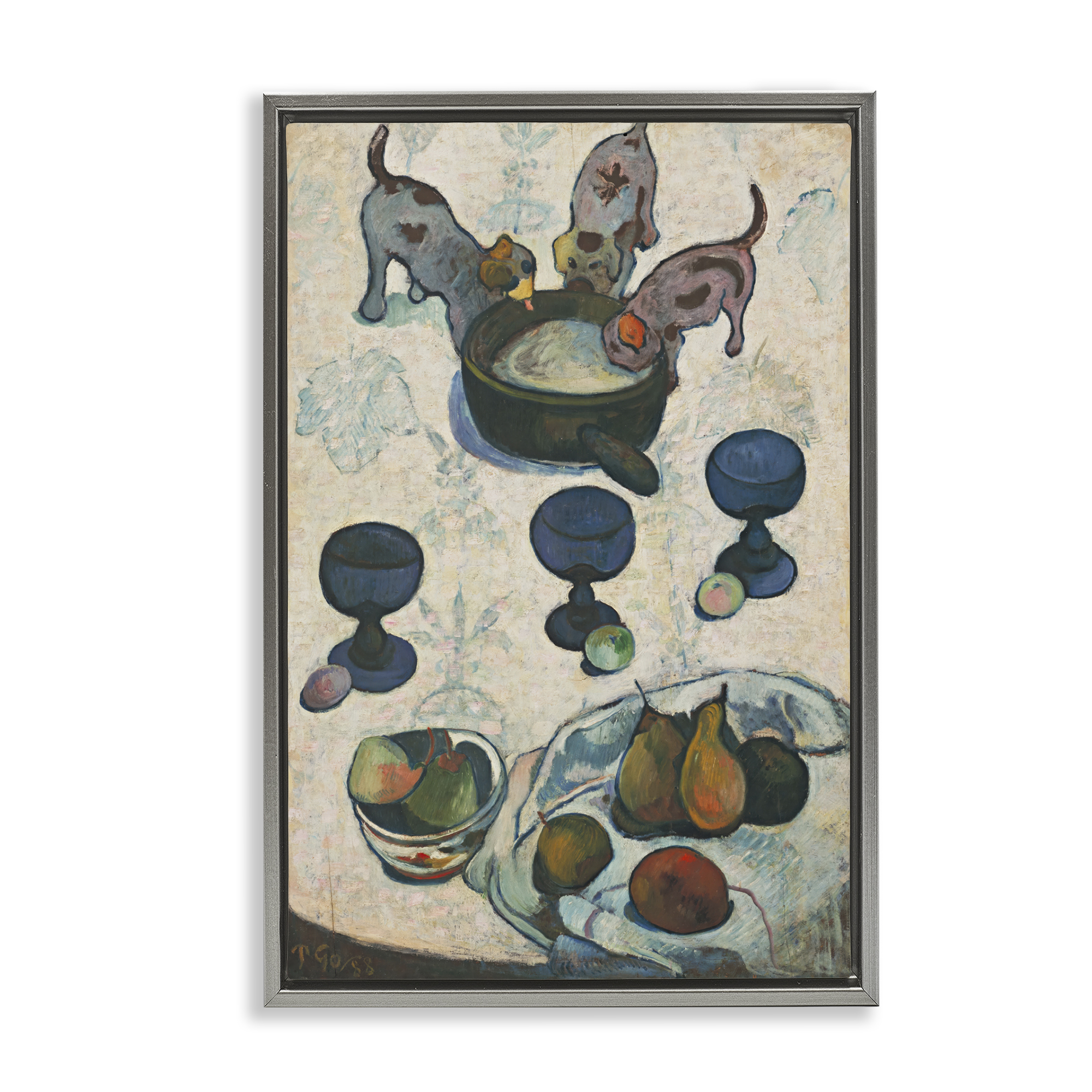 Stupell Industries Classical Still Life Three Puppies Food & Beverage Painting Gray Floater Framed Canvas Art Print Wall Art, 17 x 25