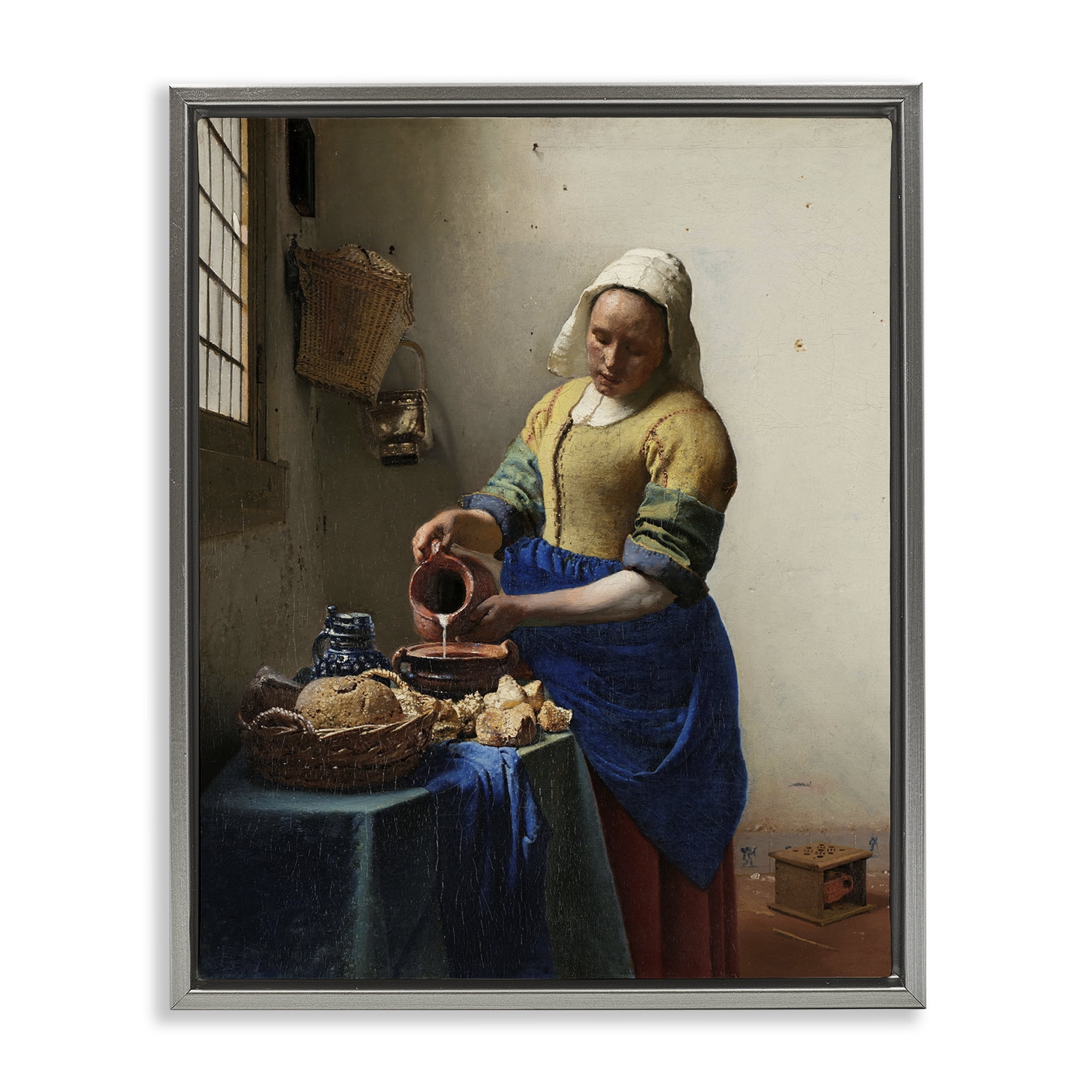 Stupell Industries Classical Vermeer The Milkmaid People Painting Gray Floater Framed Canvas Art Print Wall Art, 17 x 21