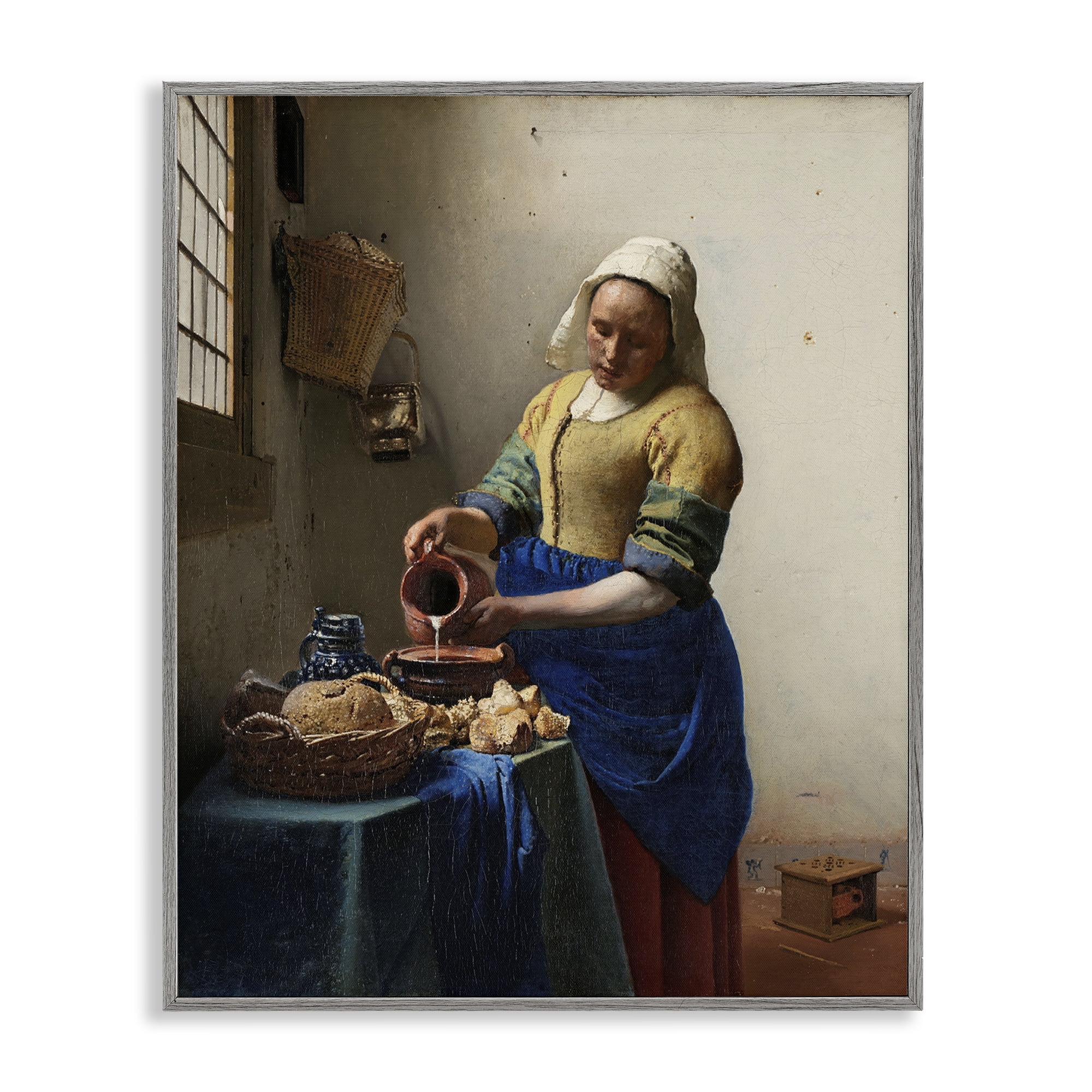 Stupell Industries Classical Vermeer The Milkmaid People Painting Gray Framed Art Print Wall Art, 16 x 20