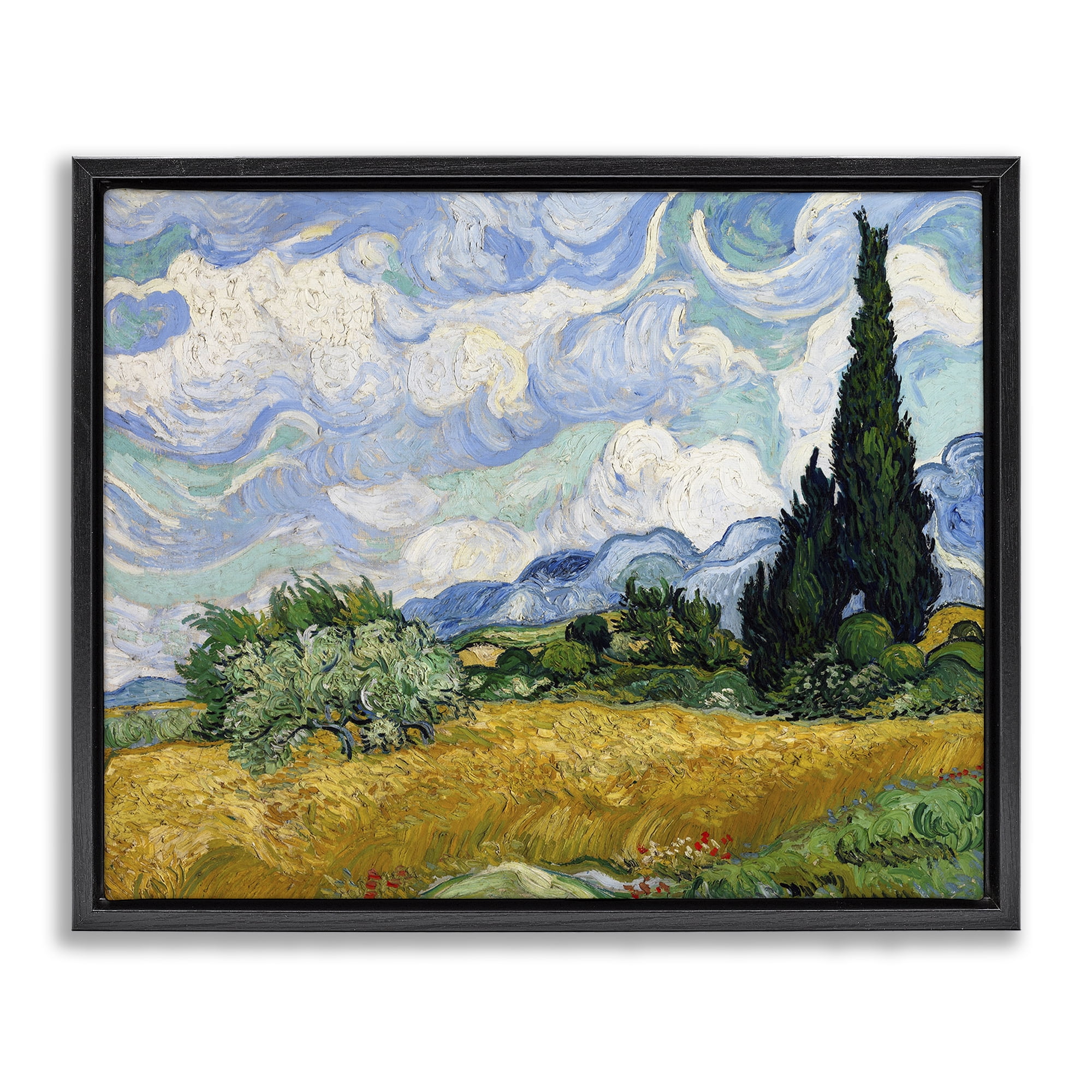 Stupell Industries Classical Wheat Field with Cypresses Landscape & Nature Painting Black Floater Framed Canvas Art Print Wall Art, 21 x 17