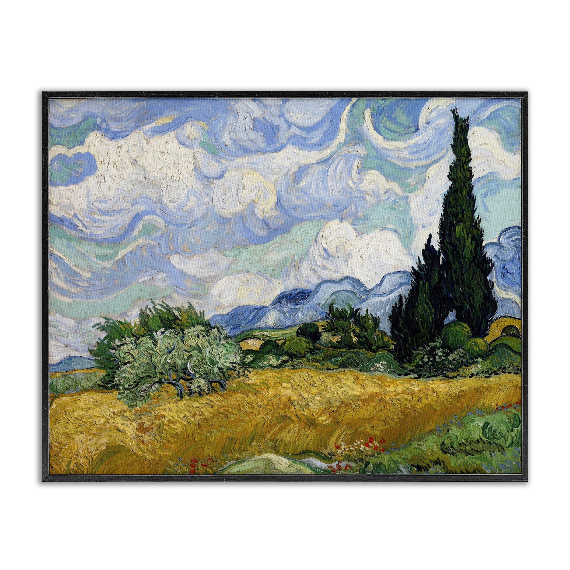 Stupell Industries Classical Wheat Field with Cypresses Landscape & Nature Painting Black Framed Art Print Wall Art, 30 x 24