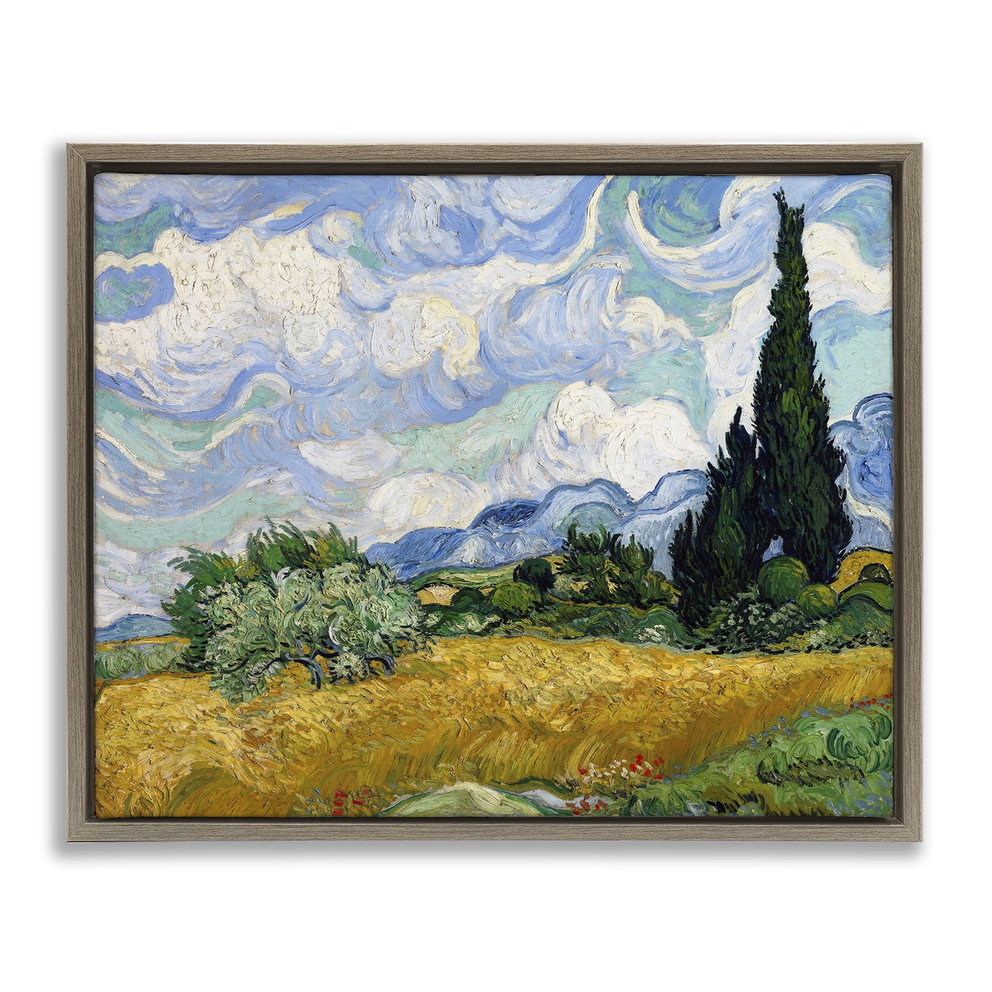 Stupell Industries Classical Wheat Field with Cypresses Landscape & Nature Painting Brown Floater Framed Canvas Art Print Wall Art, 21 x 17
