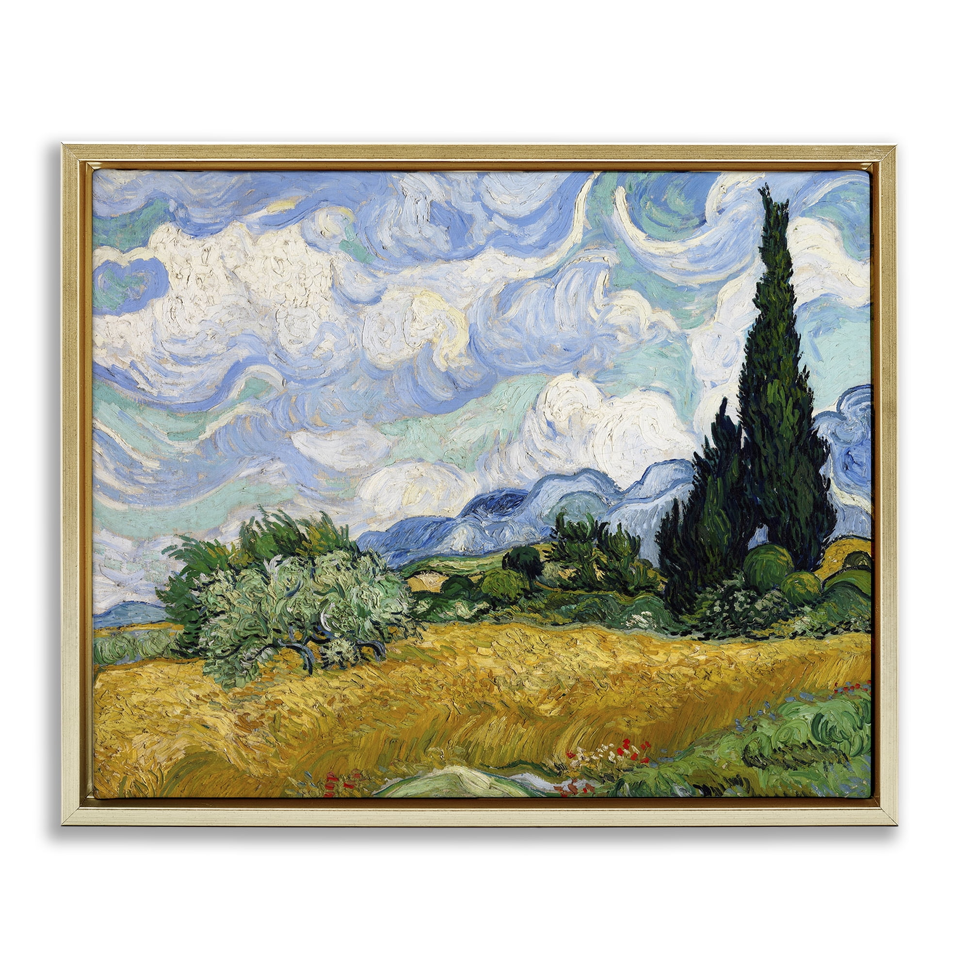 Stupell Industries Classical Wheat Field with Cypresses Landscape & Nature Painting Gold Floater Framed Canvas Art Print Wall Art, 21 x 17