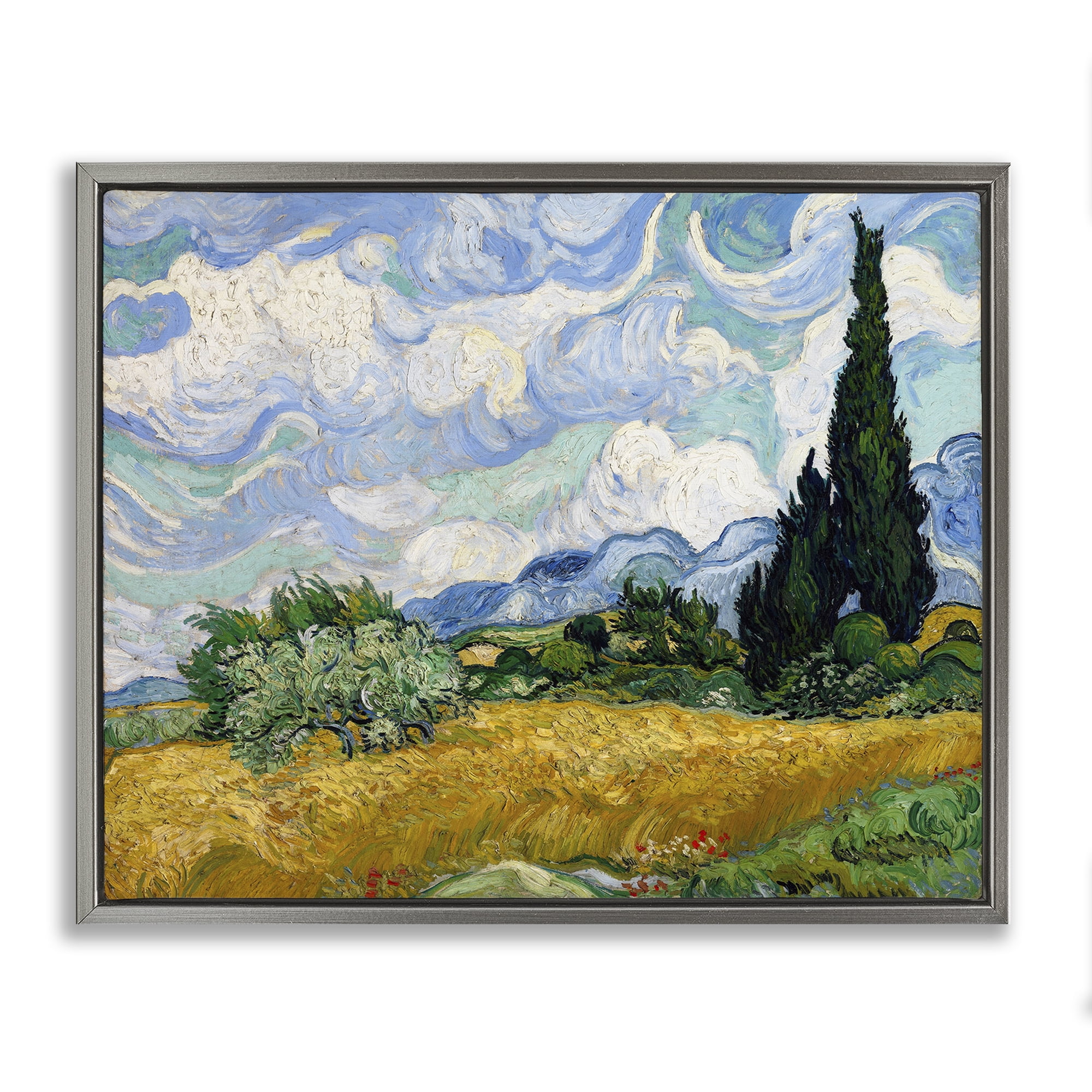 Stupell Industries Classical Wheat Field with Cypresses Landscape & Nature Painting Gray Floater Framed Canvas Art Print Wall Art, 21 x 17