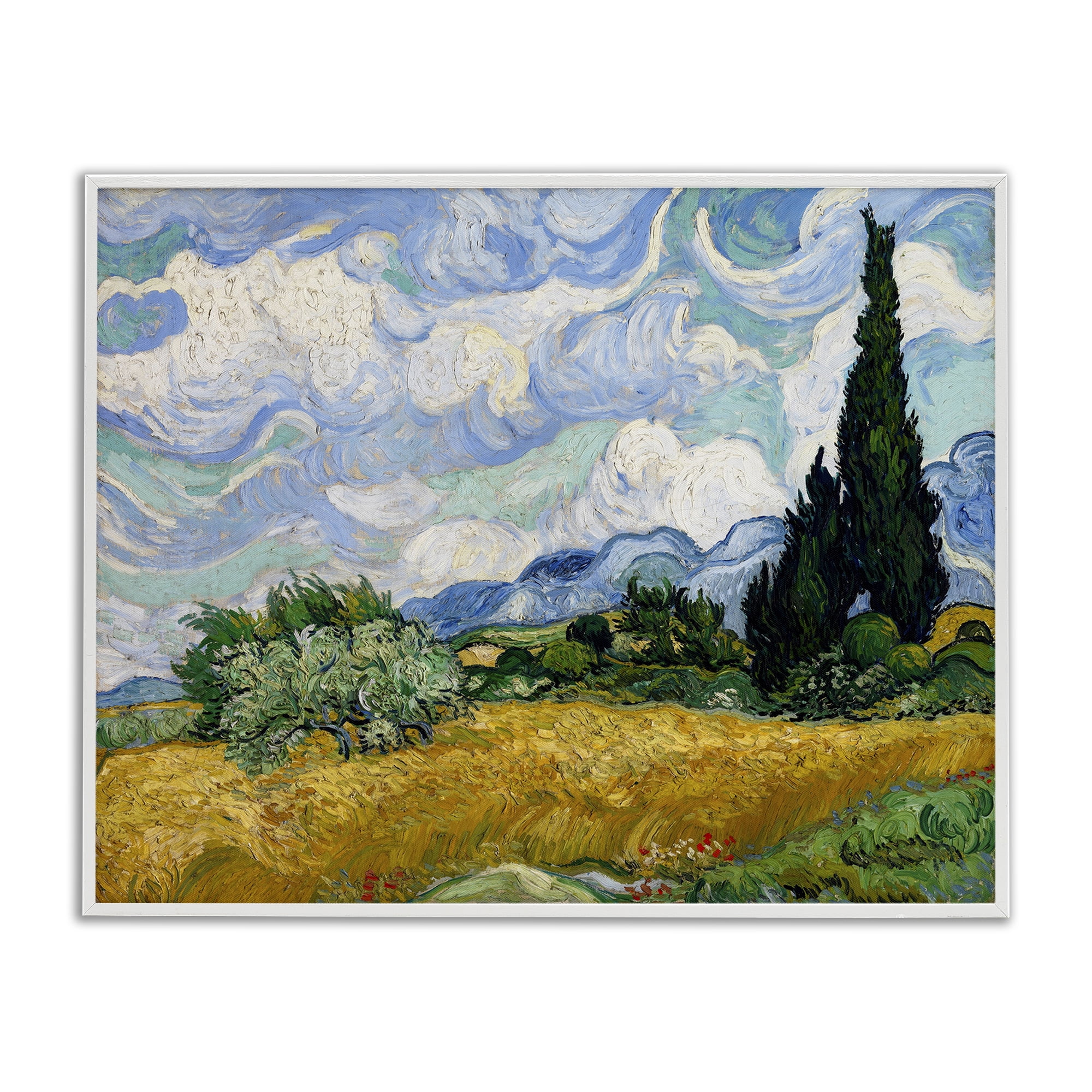Stupell Industries Classical Wheat Field with Cypresses Landscape & Nature Painting White Framed Art Print Wall Art, 30 x 24