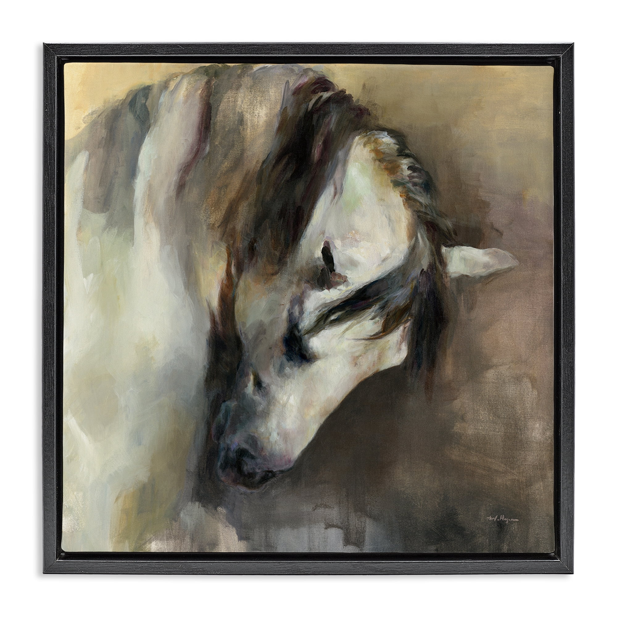 Stupell Industries Classical White Horse Animals Painting Black Floater Framed Canvas Art Print Wall Art, 18 x 18